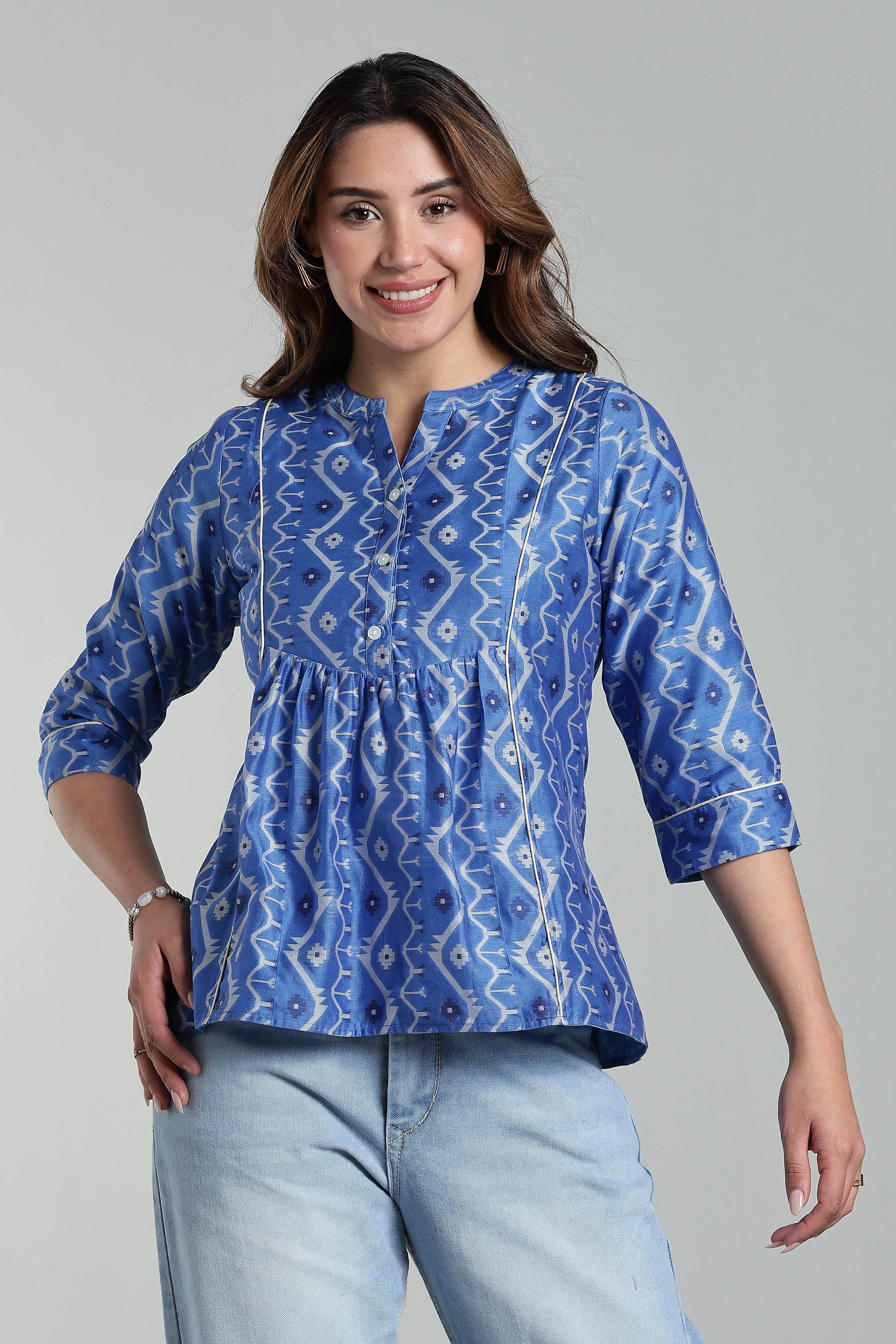 Mythri Women’s Cotton Jamdani Top – Mandarin Collar Ethnic Cotton Top with 3/4 Sleeves & Golden Piping - Blue - TO26 - Naidu Hall Family Store