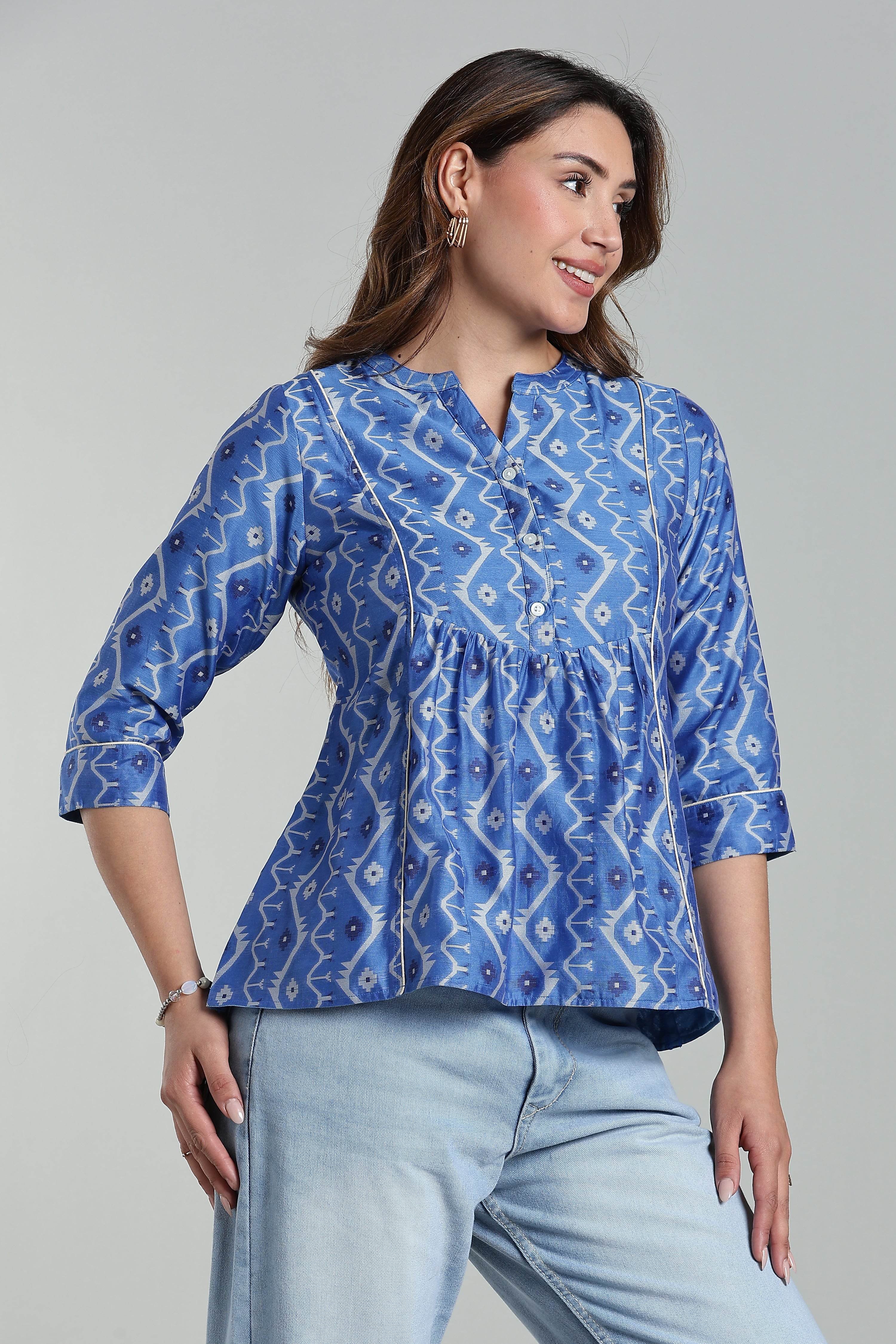Mythri Women’s Cotton Jamdani Top – Mandarin Collar Ethnic Cotton Top with 3/4 Sleeves & Golden Piping - Blue - TO26 - Naidu Hall Family Store