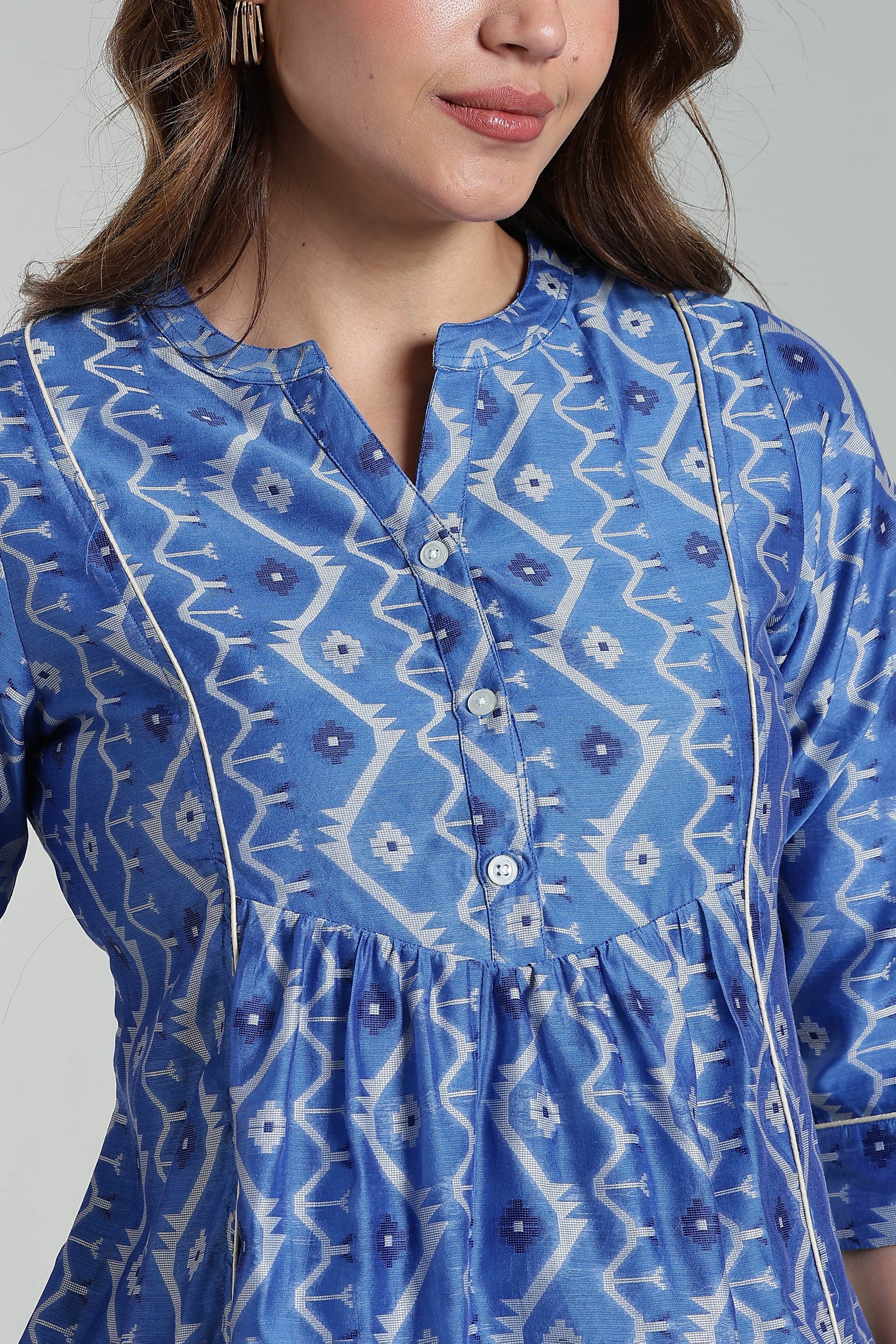 Mythri Women’s Cotton Jamdani Top – Mandarin Collar Ethnic Cotton Top with 3/4 Sleeves & Golden Piping - Blue - TO26 - Naidu Hall Family Store