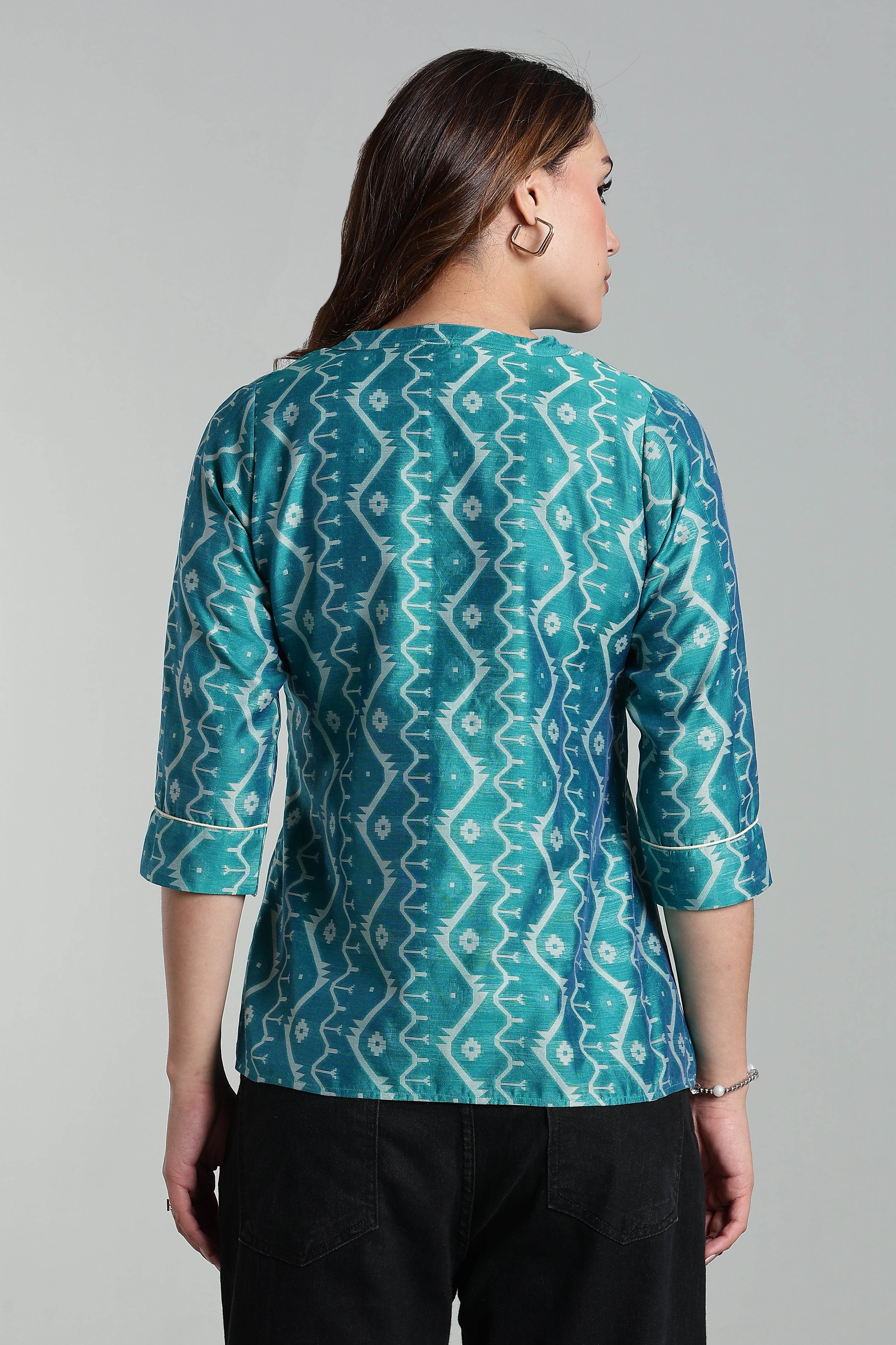 Mythri Women’s Cotton Jamdani Top – Mandarin Collar Ethnic Cotton Top with 3/4 Sleeves & Golden Piping - Green - TO26 - Naidu Hall Family Store