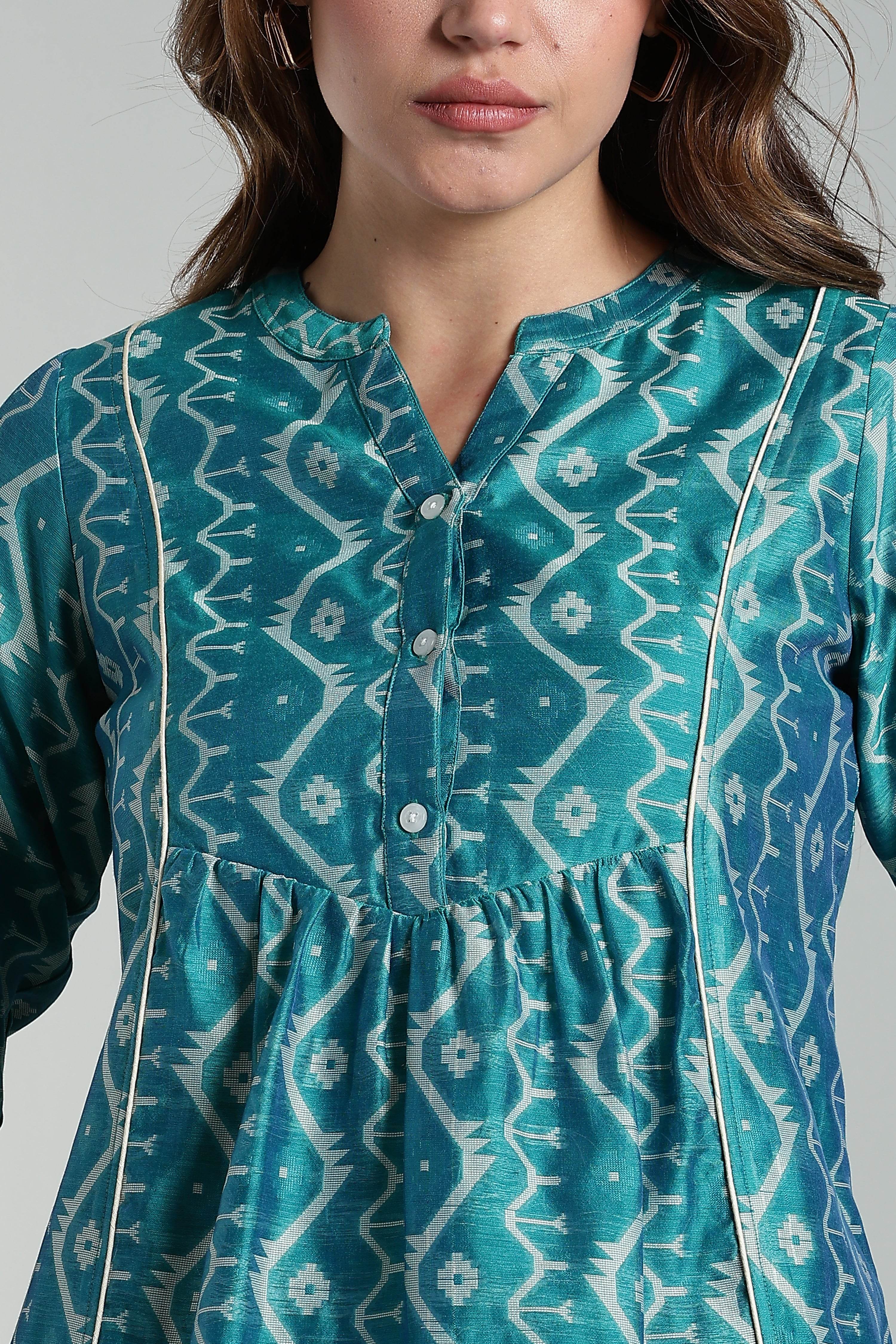 Mythri Women’s Cotton Jamdani Top – Mandarin Collar Ethnic Cotton Top with 3/4 Sleeves & Golden Piping - Green - TO26 - Naidu Hall Family Store