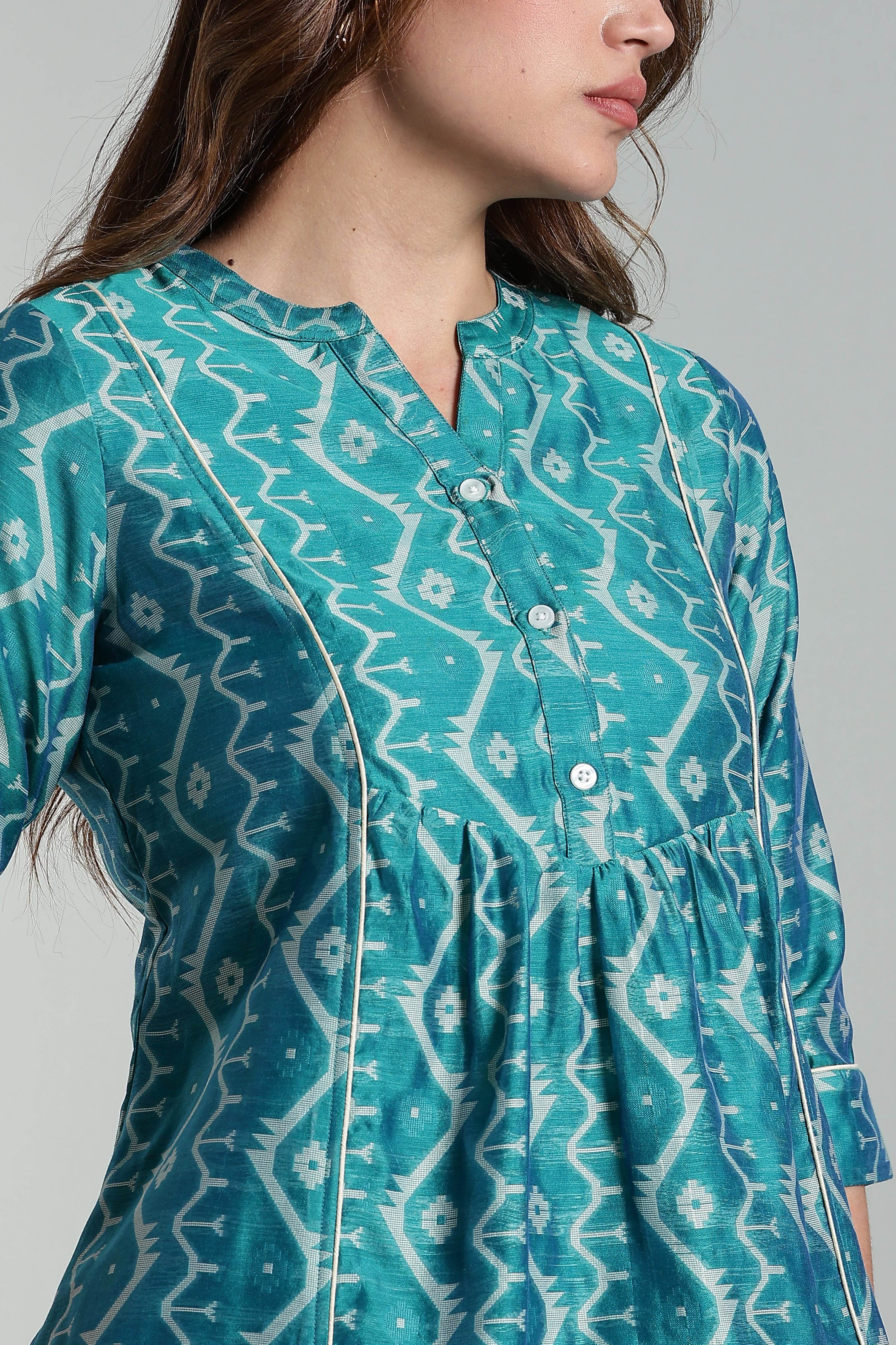 Mythri Women’s Cotton Jamdani Top – Mandarin Collar Ethnic Cotton Top with 3/4 Sleeves & Golden Piping - Green - TO26 - Naidu Hall Family Store