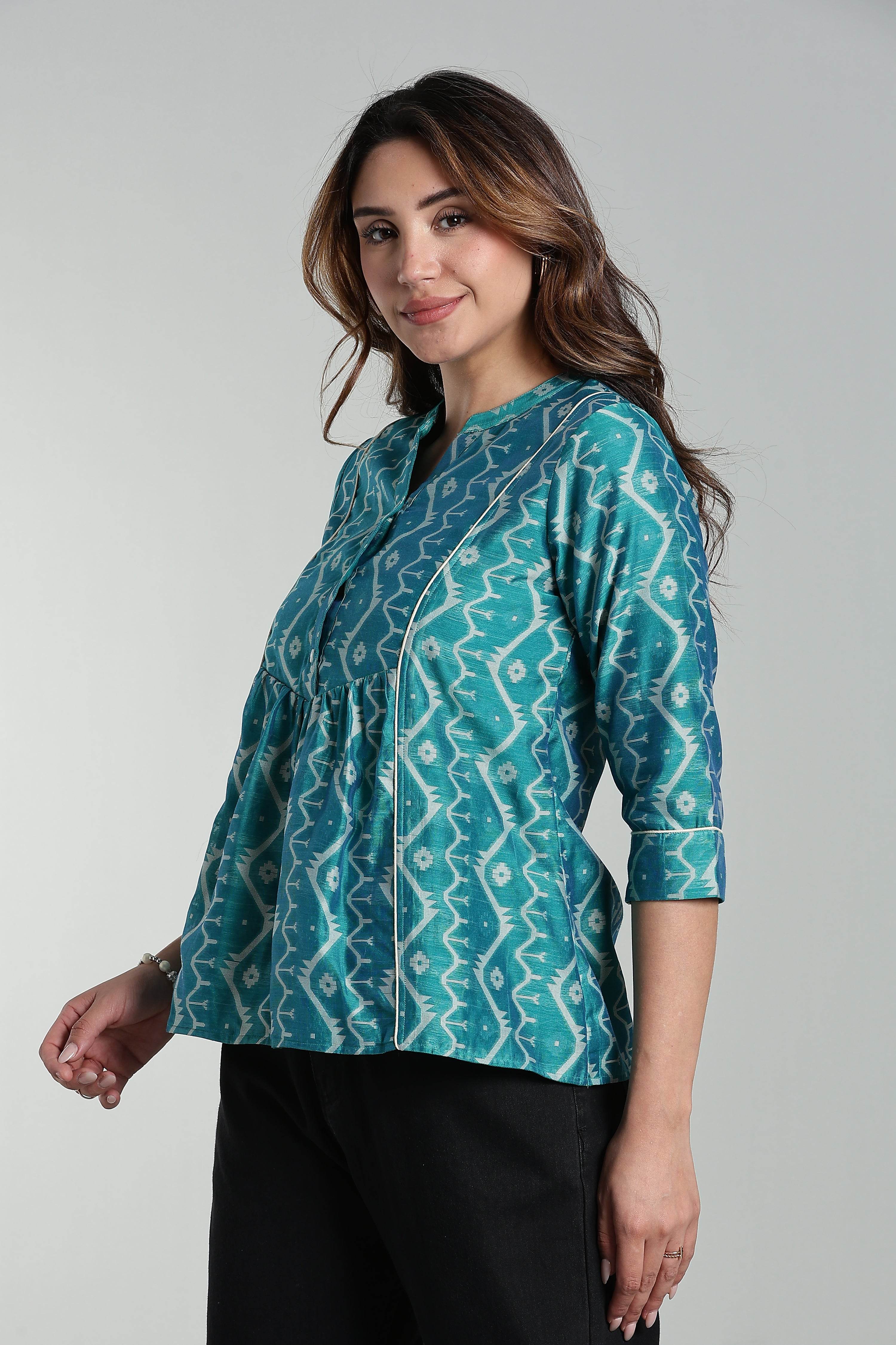 Mythri Women’s Cotton Jamdani Top – Mandarin Collar Ethnic Cotton Top with 3/4 Sleeves & Golden Piping - Green - TO26 - Naidu Hall Family Store