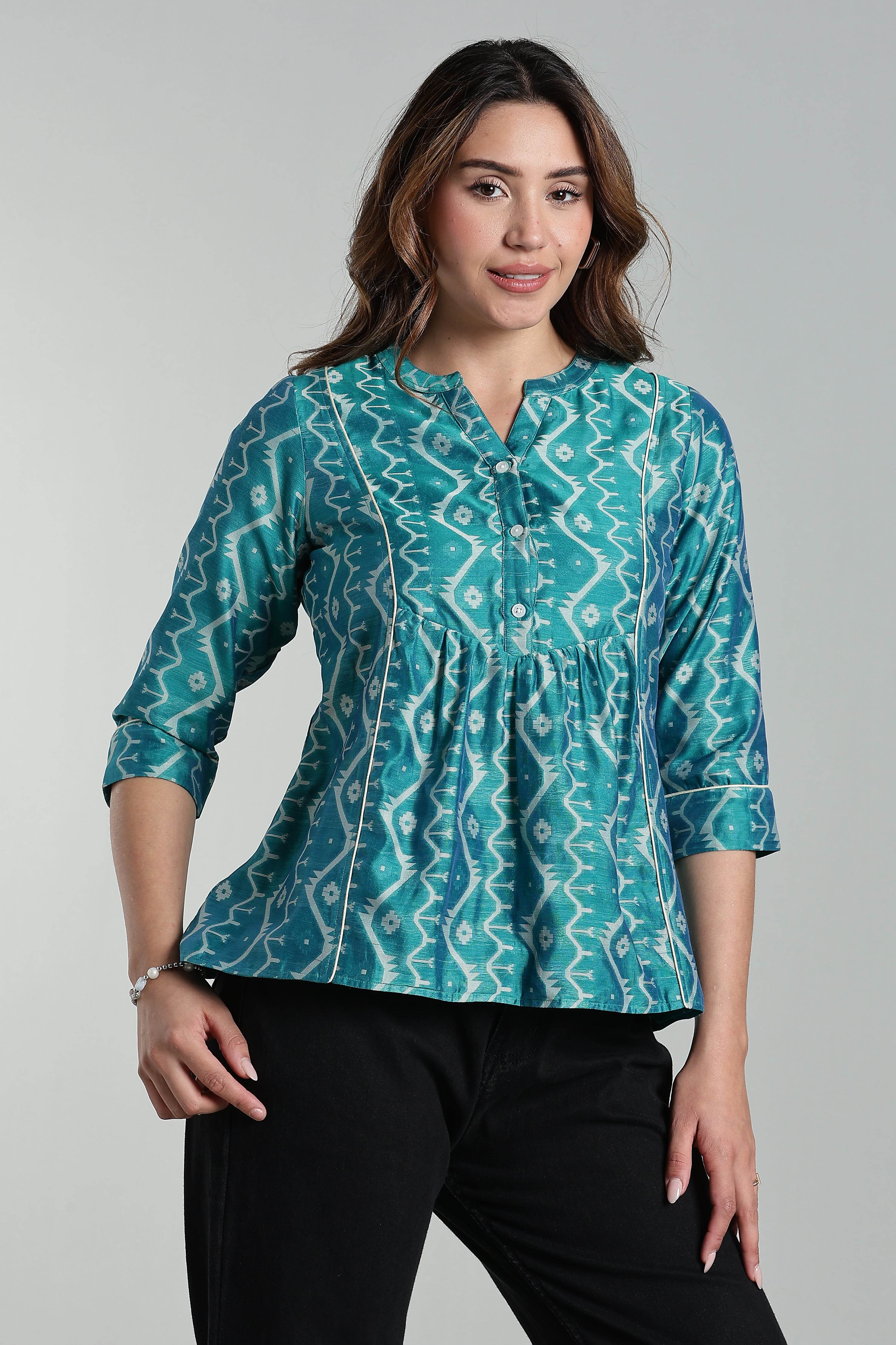 Mythri Women’s Cotton Jamdani Top – Mandarin Collar Ethnic Cotton Top with 3/4 Sleeves & Golden Piping - Green - TO26 - Naidu Hall Family Store