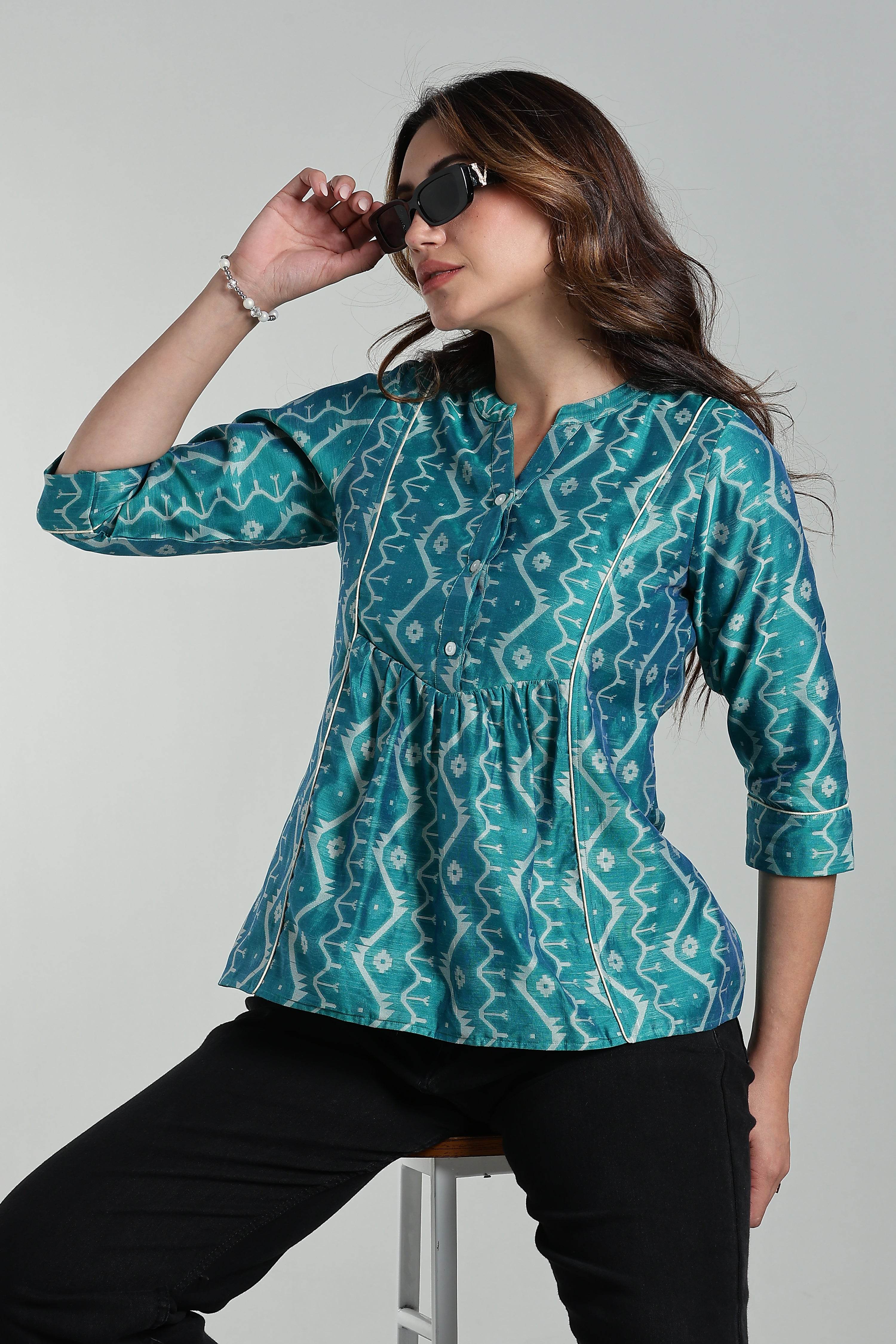 Mythri Women’s Cotton Jamdani Top – Mandarin Collar Ethnic Cotton Top with 3/4 Sleeves & Golden Piping - Green - TO26 - Naidu Hall Family Store
