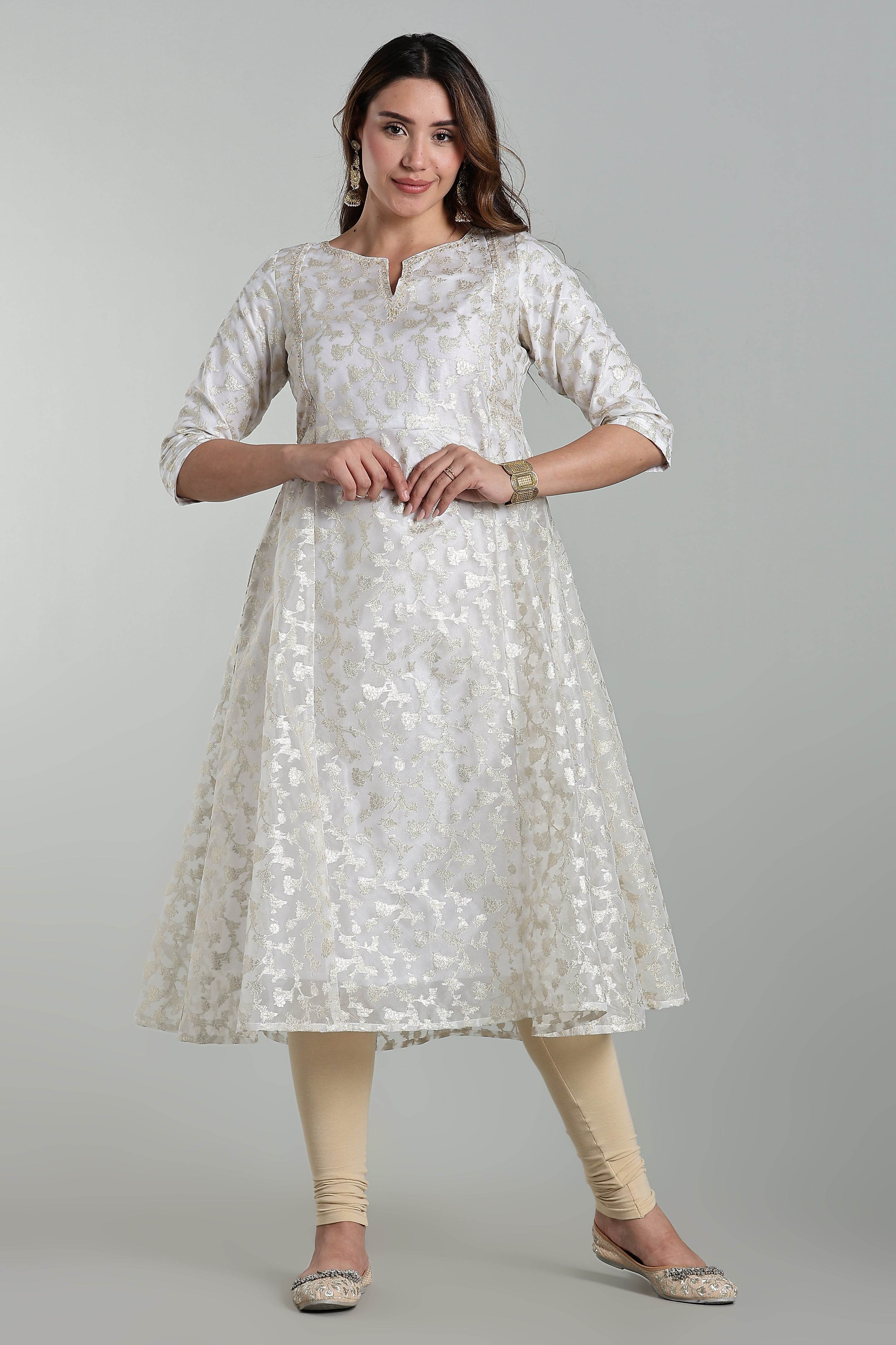 Mythri Anarkali Kurta for Women – Chanderi Cotton Blend with Embroidery & Flared Design - White Jacquard-1 - KU95 - Naidu Hall Family Store