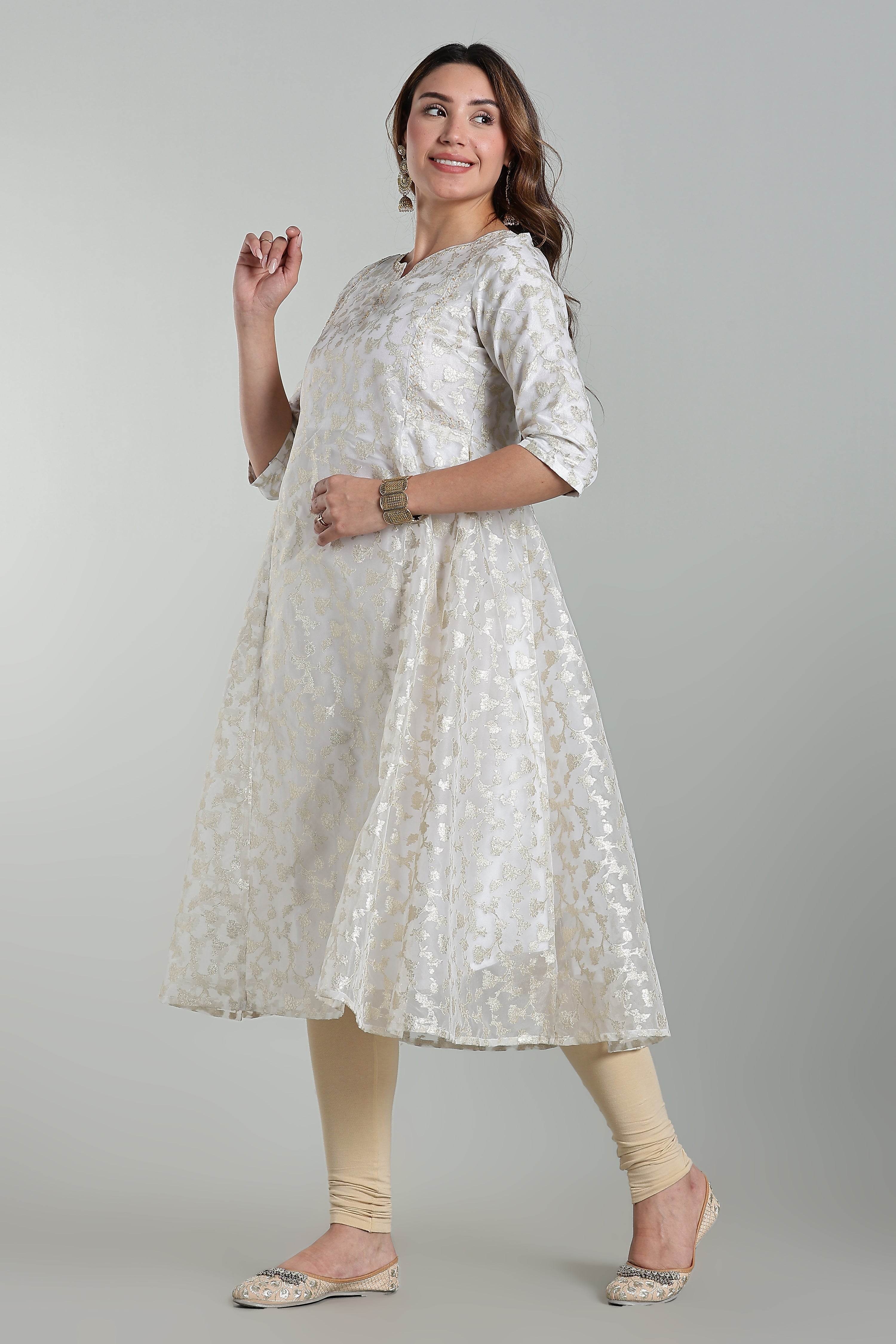 Mythri Anarkali Kurta for Women – Chanderi Cotton Blend with Embroidery & Flared Design - White Jacquard-1 - KU95 - Naidu Hall Family Store