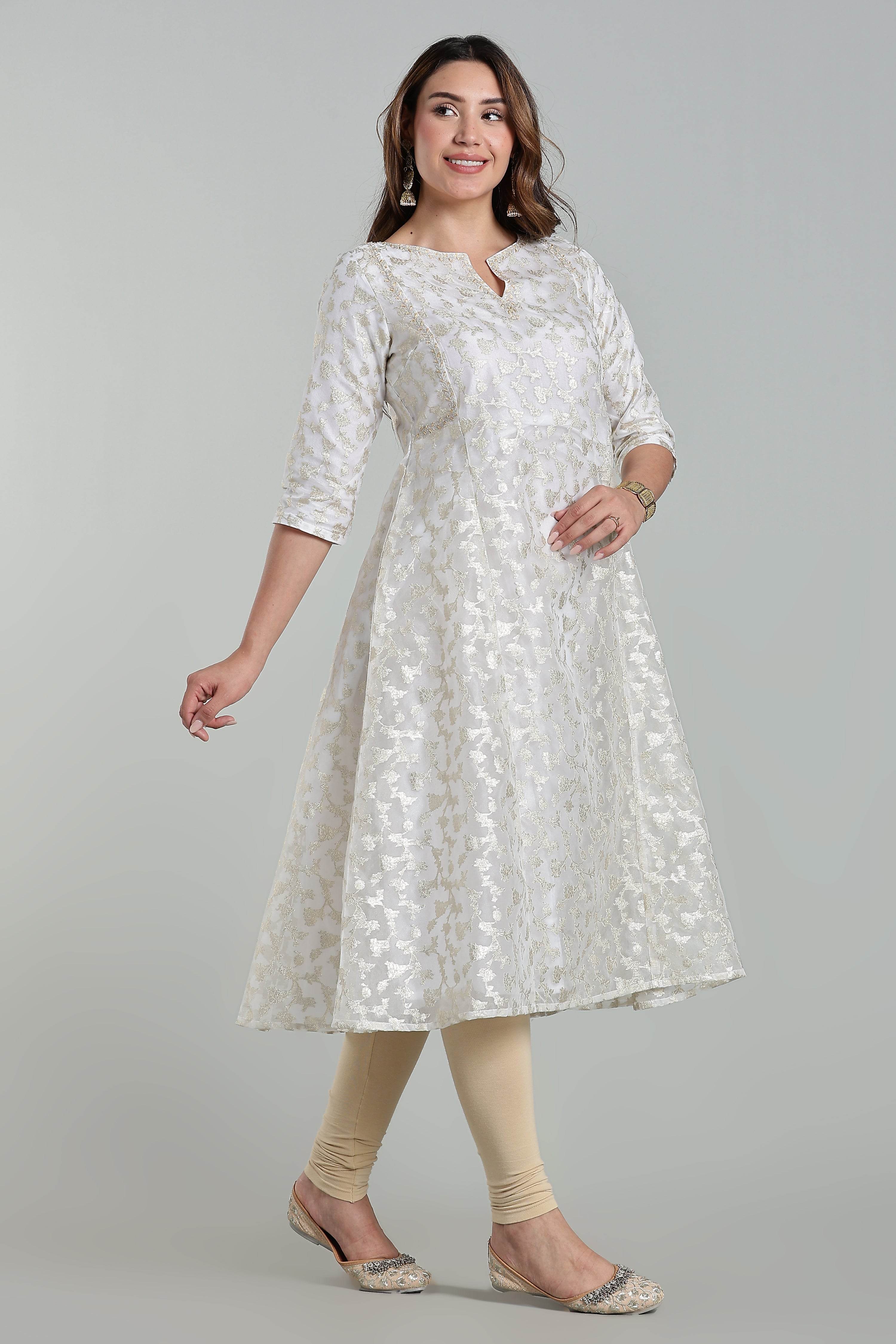 Mythri Anarkali Kurta for Women – Chanderi Cotton Blend with Embroidery & Flared Design - White Jacquard-1 - KU95 - Naidu Hall Family Store