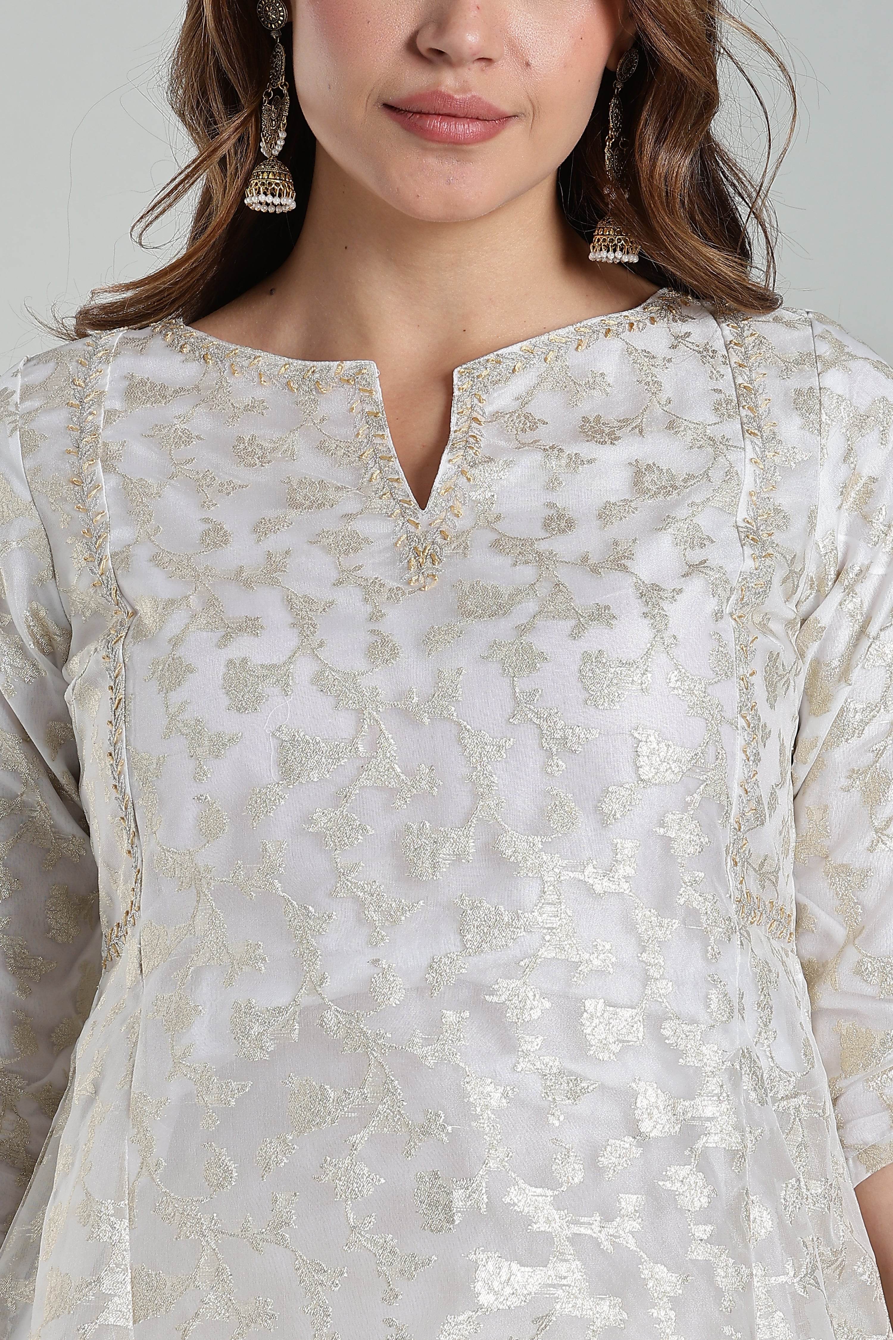 Mythri Anarkali Kurta for Women – Chanderi Cotton Blend with Embroidery & Flared Design - White Jacquard-1 - KU95 - Naidu Hall Family Store