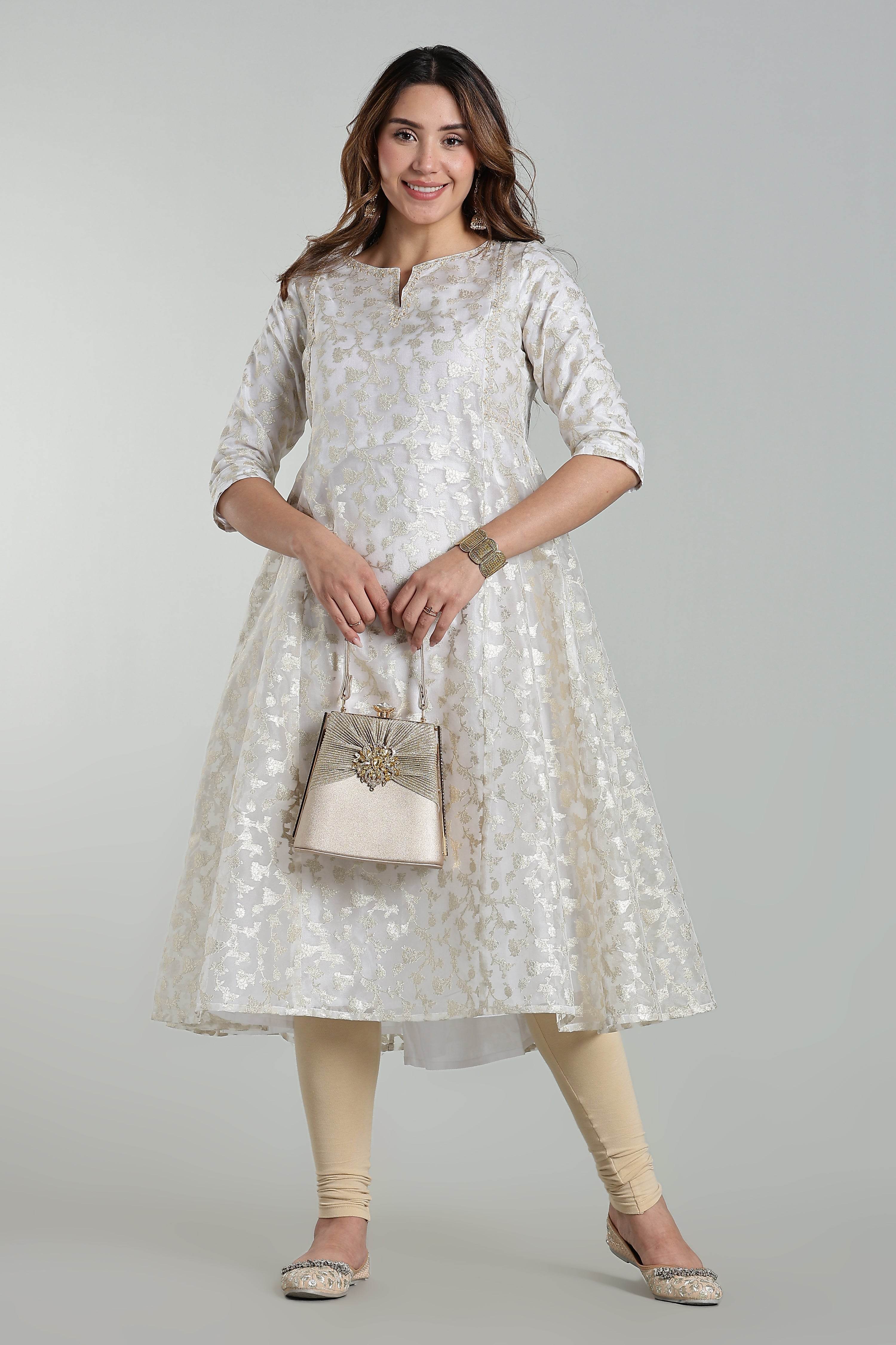 Mythri Anarkali Kurta for Women – Chanderi Cotton Blend with Embroidery & Flared Design - White Jacquard-1 - KU95 - Naidu Hall Family Store