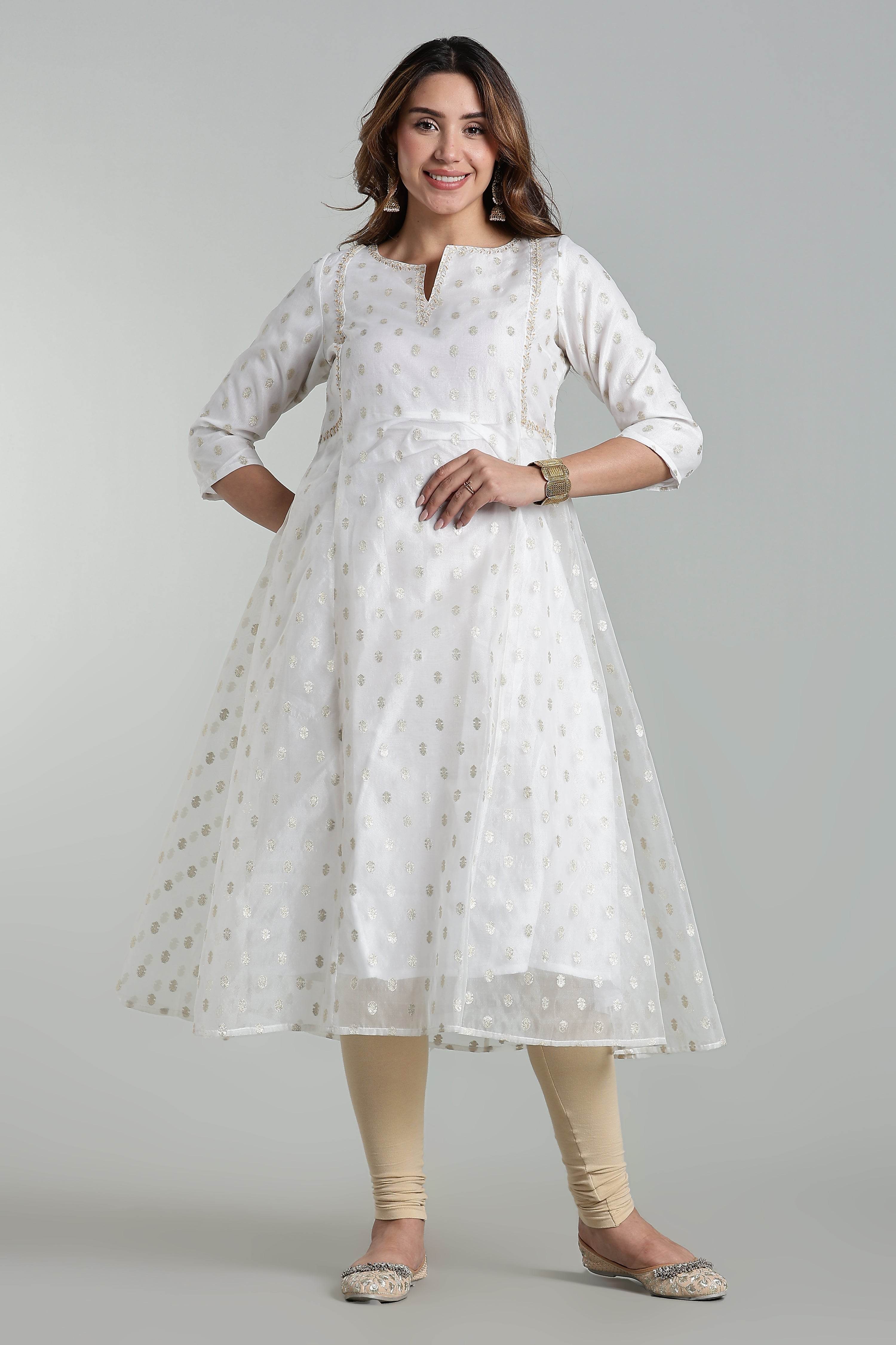 Mythri Anarkali Kurta for Women – Chanderi Cotton Blend with Embroidery & Flared Design - White Jacquard-2 - KU95 - Naidu Hall Family Store