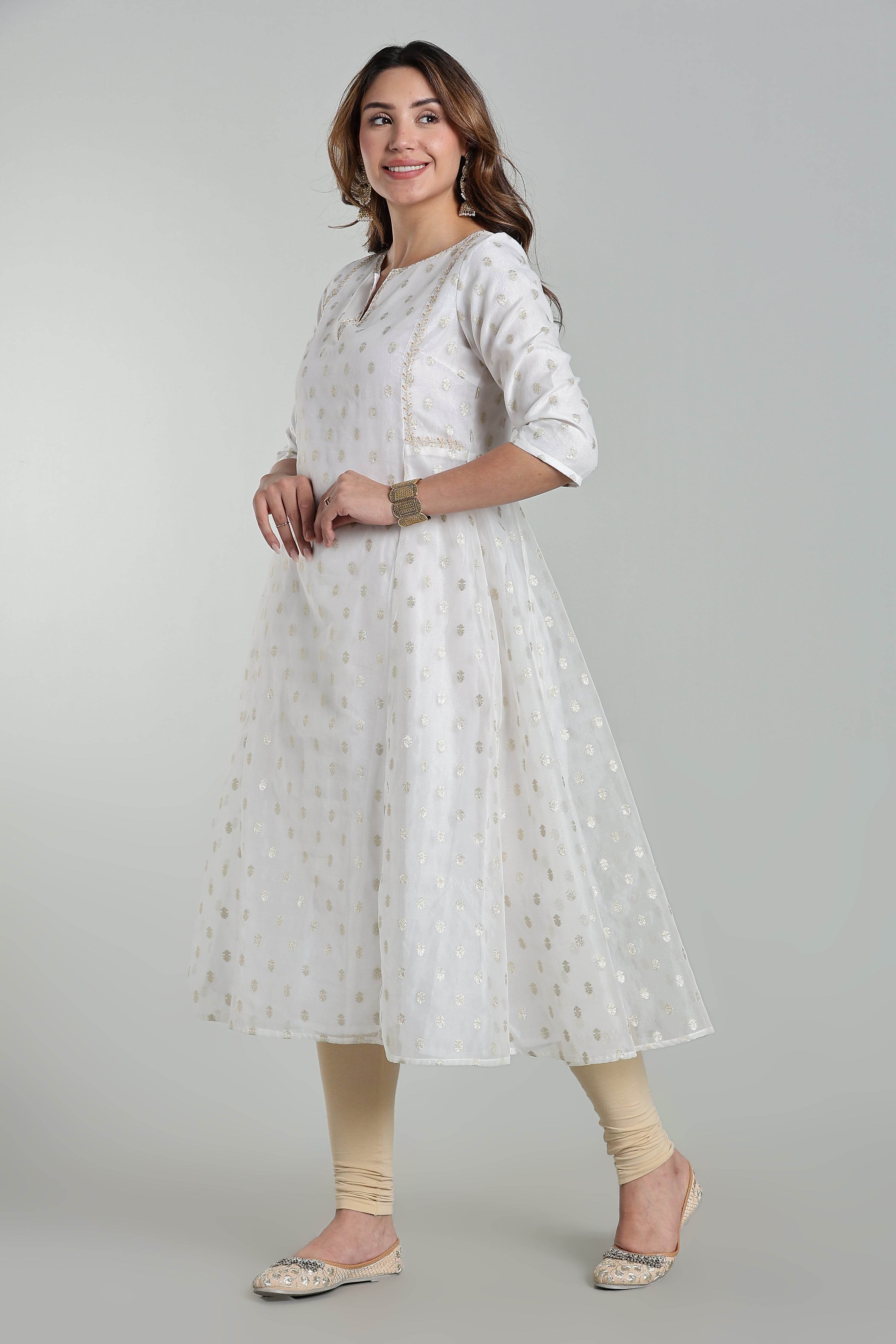 Mythri Anarkali Kurta for Women – Chanderi Cotton Blend with Embroidery & Flared Design - White Jacquard-2 - KU95 - Naidu Hall Family Store