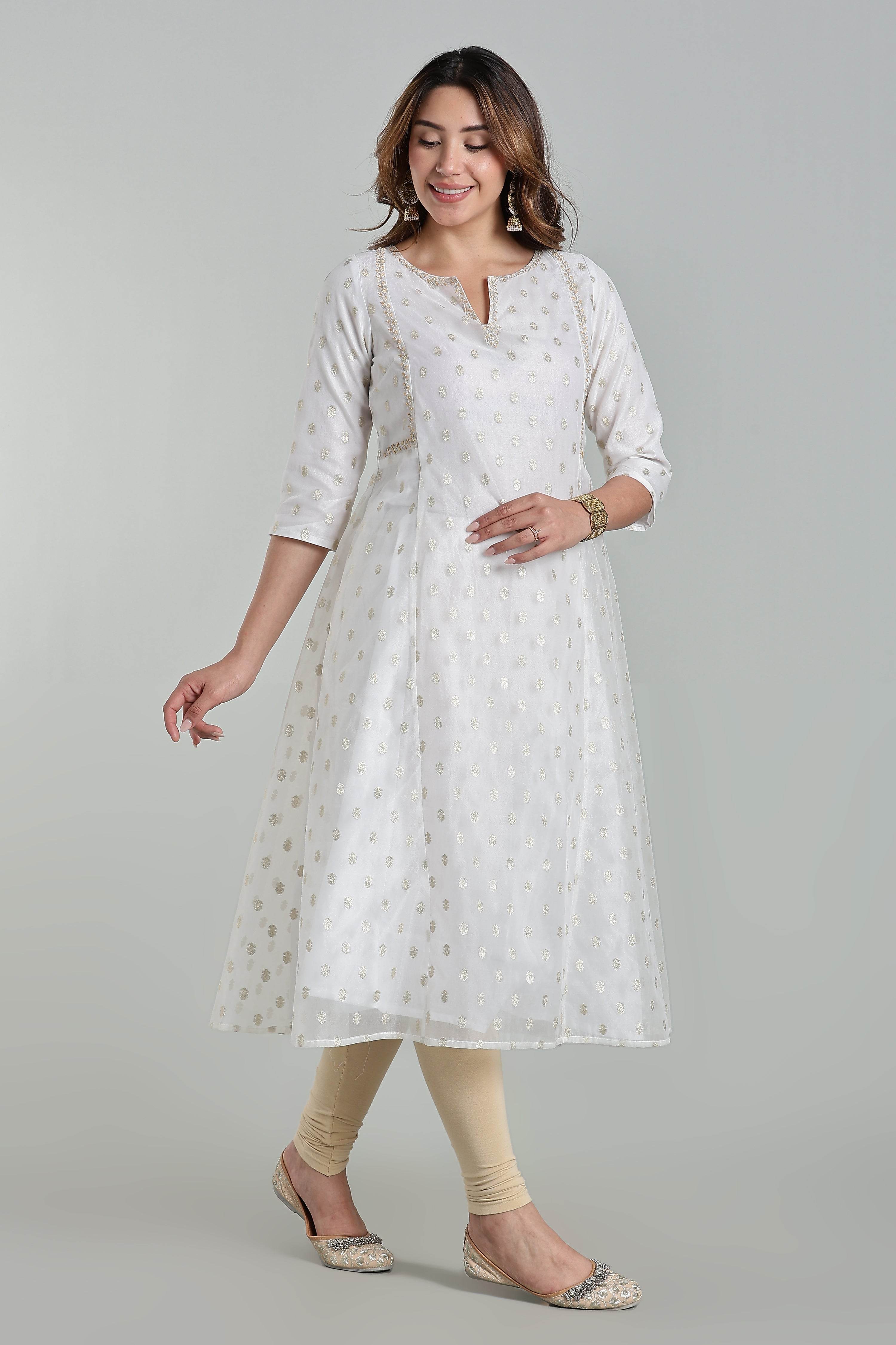 Mythri Anarkali Kurta for Women – Chanderi Cotton Blend with Embroidery & Flared Design - White Jacquard-2 - KU95 - Naidu Hall Family Store