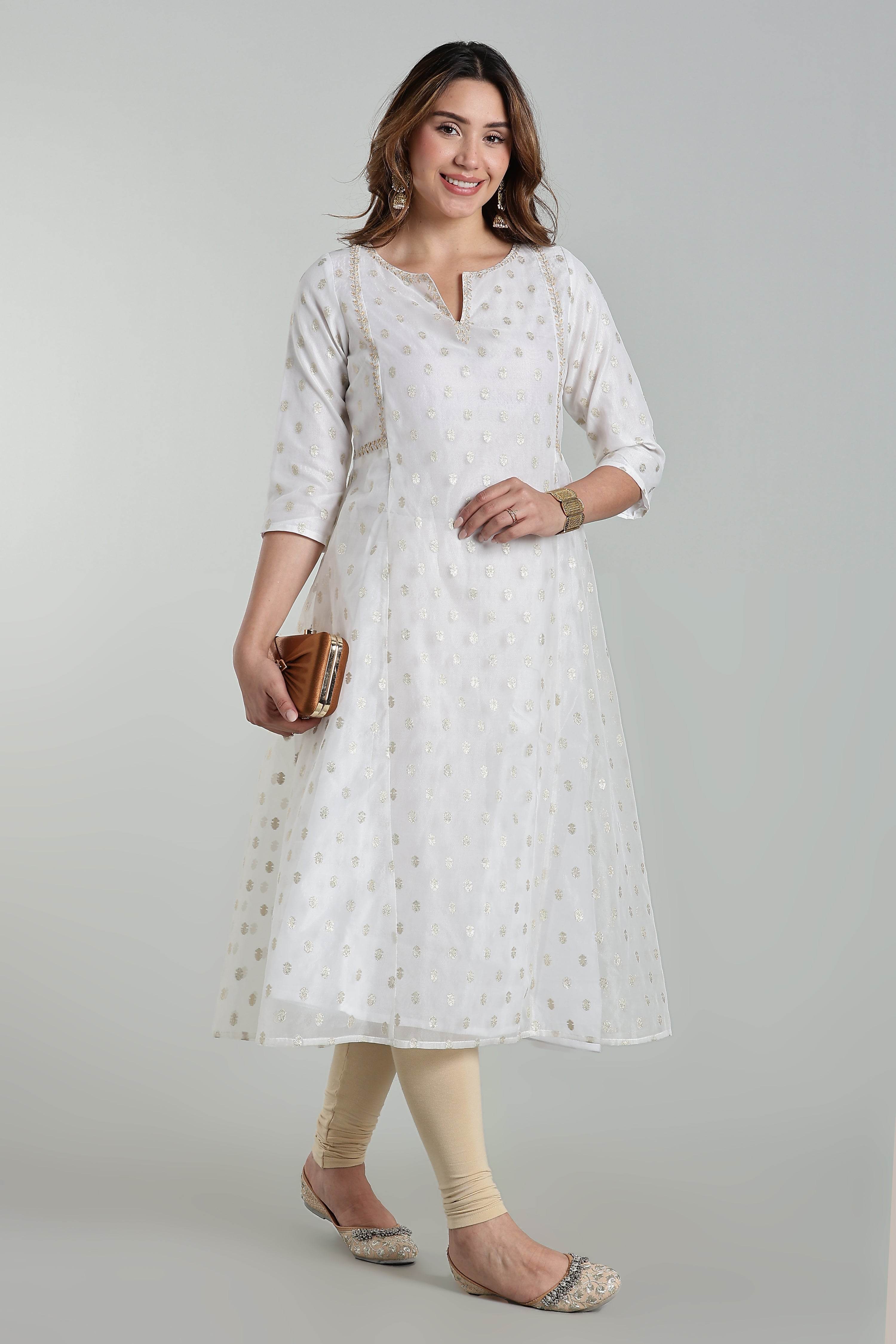 Mythri Anarkali Kurta for Women – Chanderi Cotton Blend with Embroidery & Flared Design - White Jacquard-2 - KU95 - Naidu Hall Family Store