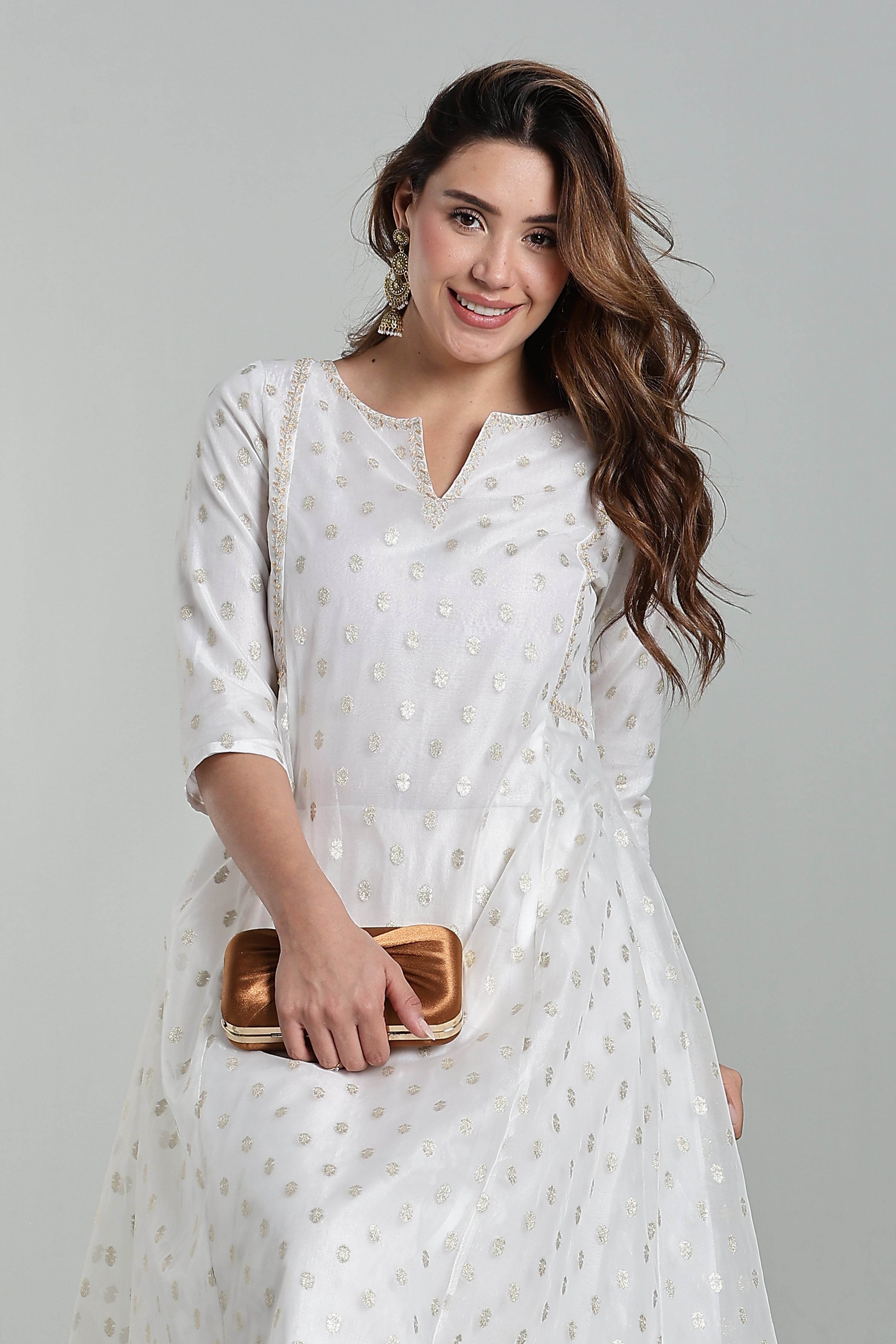 Mythri Anarkali Kurta for Women – Chanderi Cotton Blend with Embroidery & Flared Design - White Jacquard-2 - KU95 - Naidu Hall Family Store