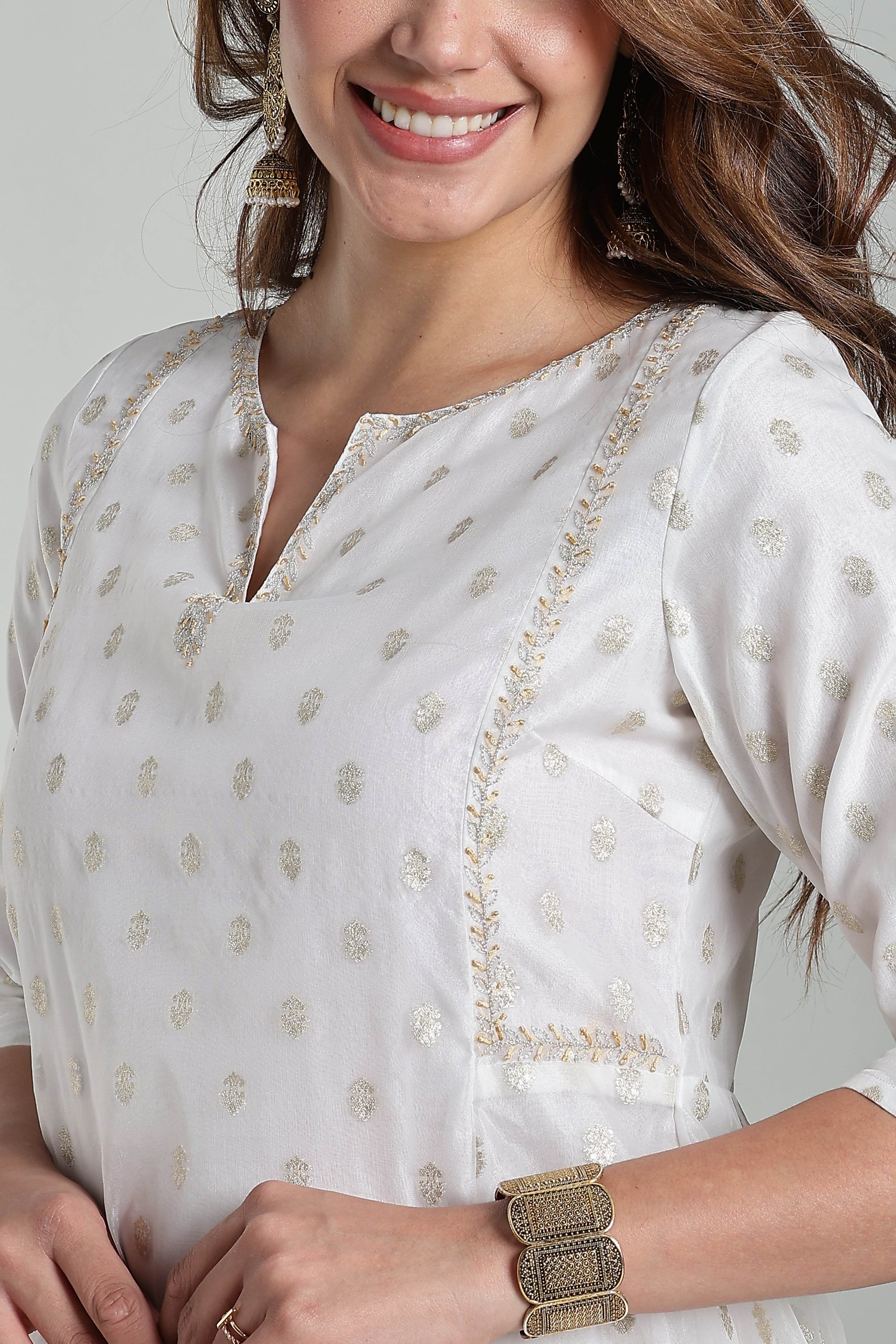 Mythri Anarkali Kurta for Women – Chanderi Cotton Blend with Embroidery & Flared Design - White Jacquard-2 - KU95 - Naidu Hall Family Store