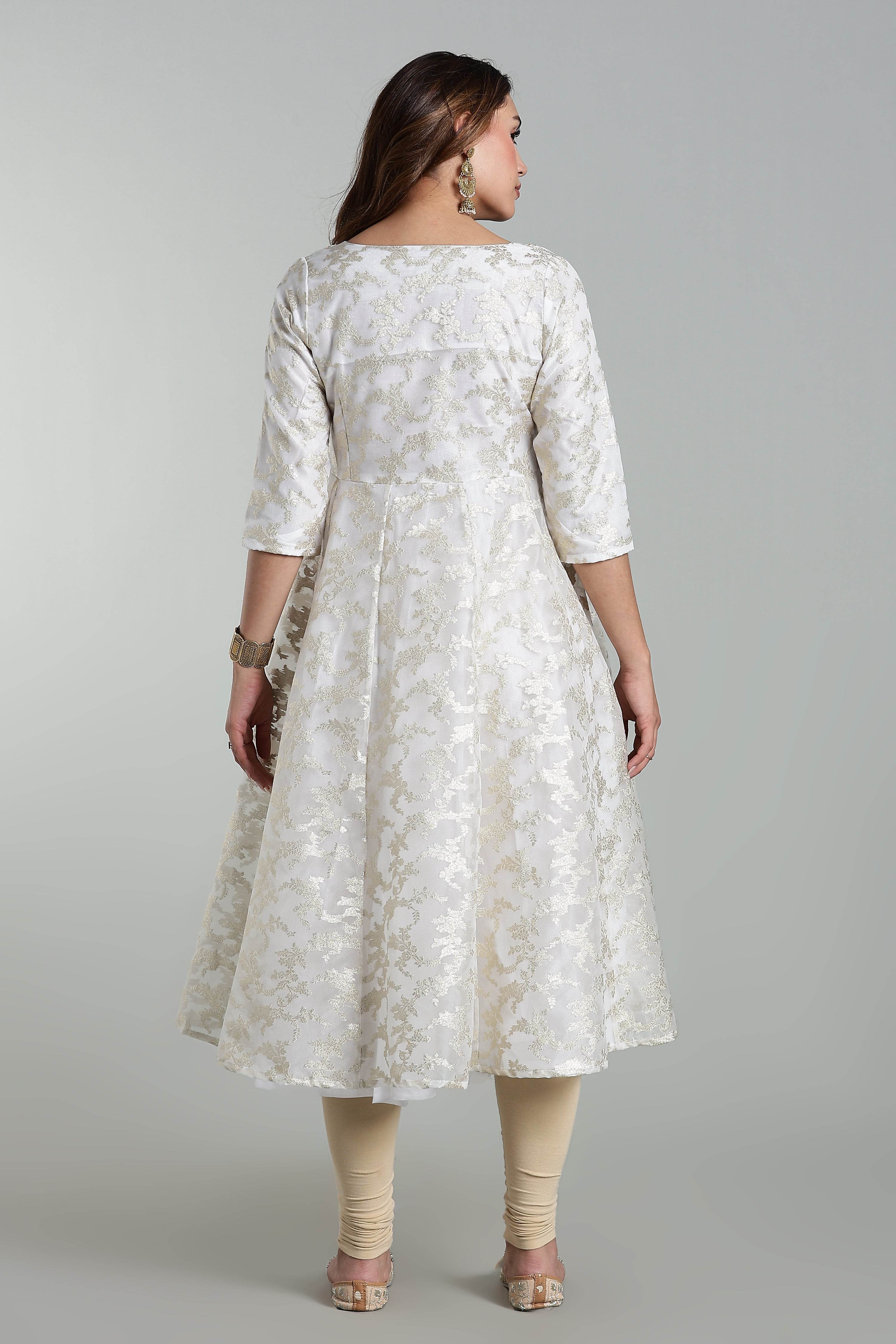 Mythri Anarkali Kurta for Women – Chanderi Cotton Blend with Embroidery & Flared Design - White Jacquard-3 - KU95 - Naidu Hall Family Store