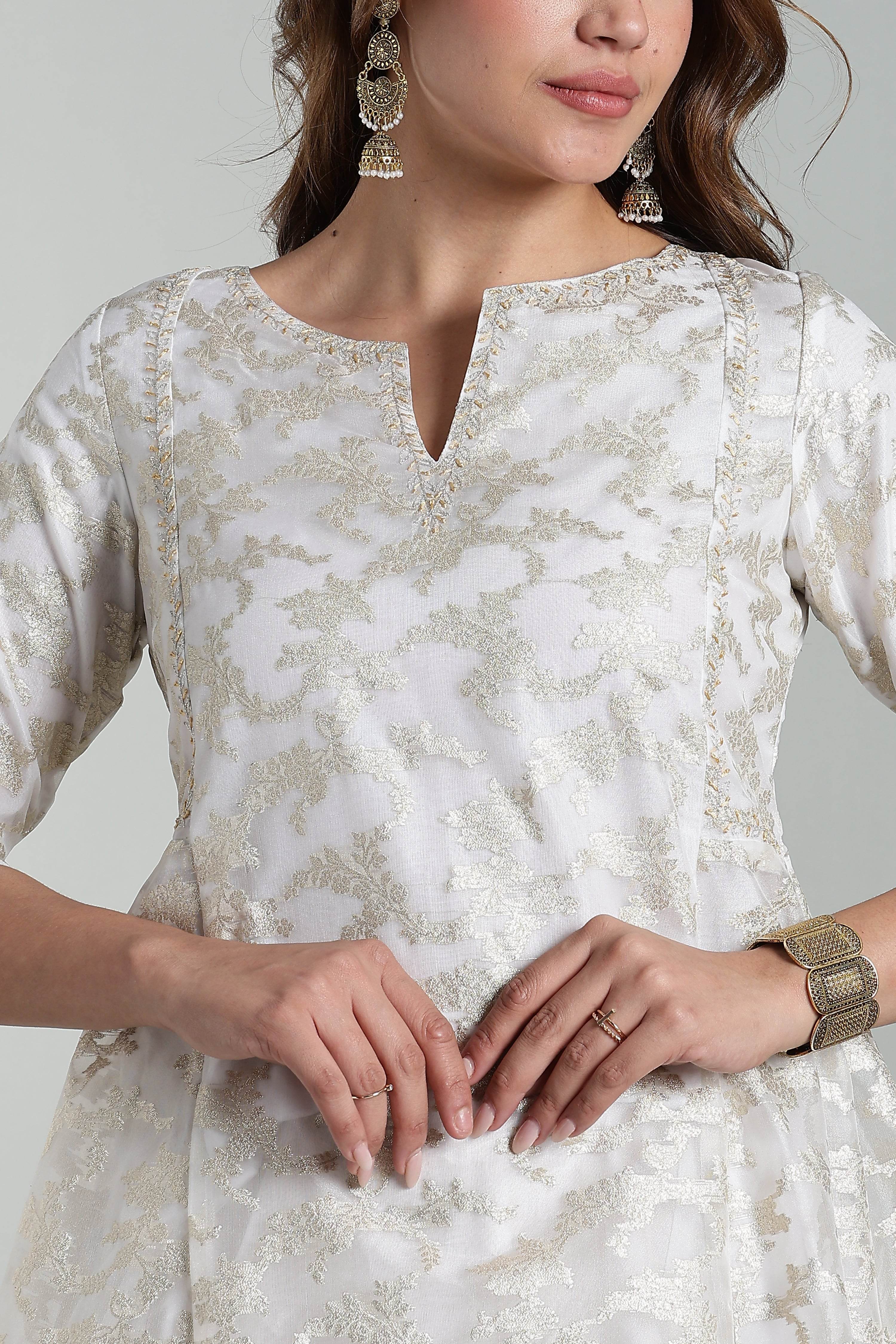 Mythri Anarkali Kurta for Women – Chanderi Cotton Blend with Embroidery & Flared Design - White Jacquard-3 - KU95 - Naidu Hall Family Store