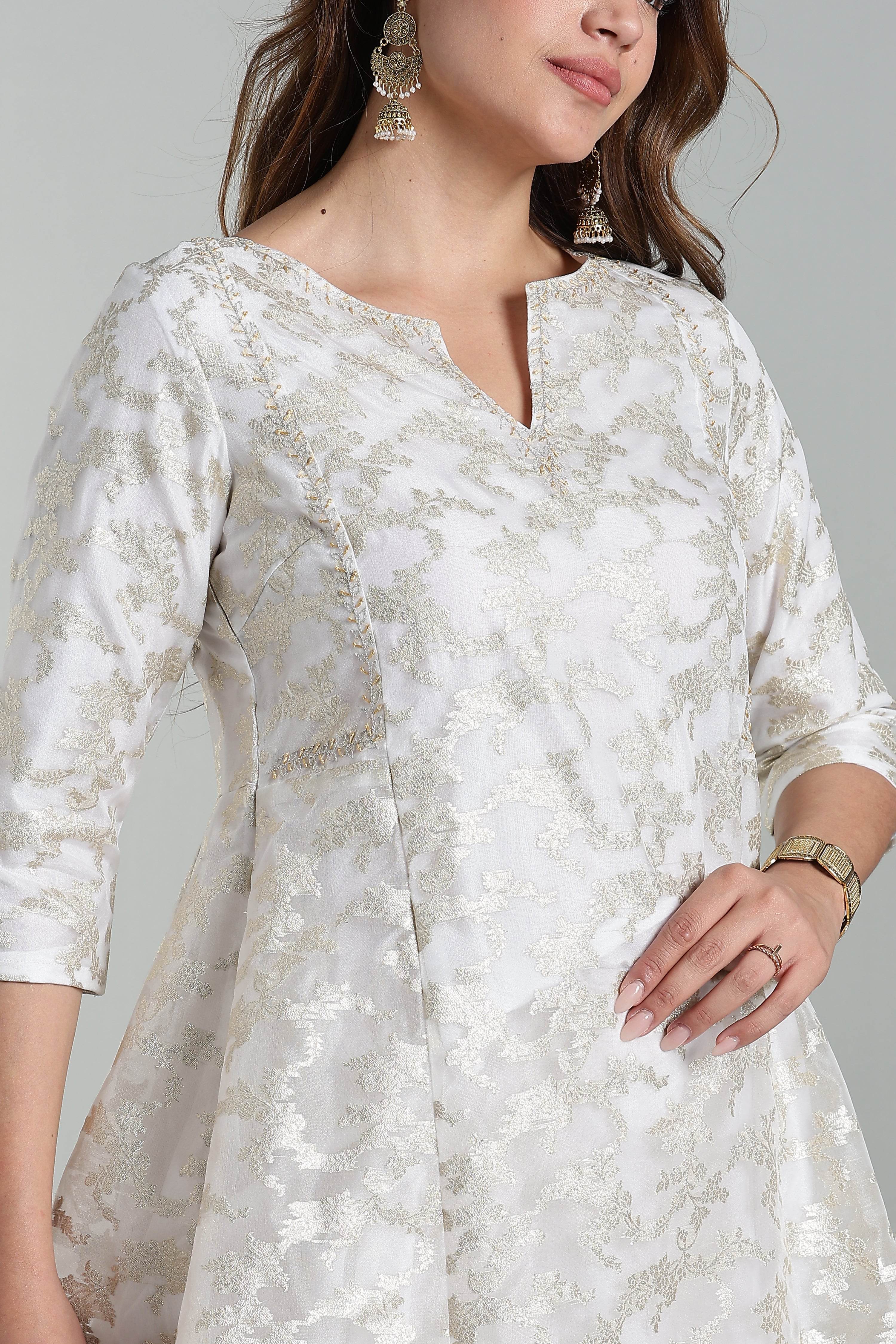 Mythri Anarkali Kurta for Women – Chanderi Cotton Blend with Embroidery & Flared Design - White Jacquard-3 - KU95 - Naidu Hall Family Store