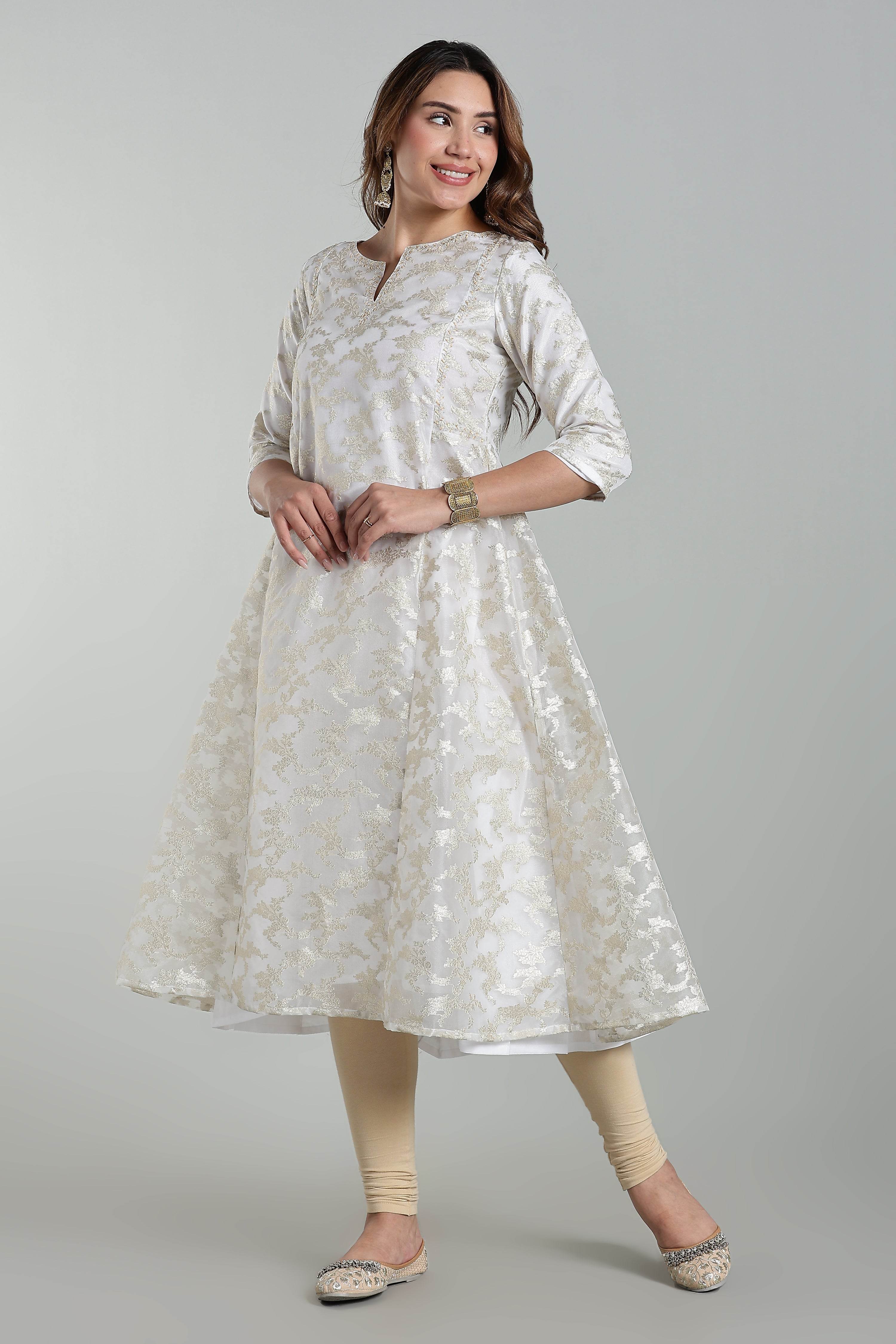 Mythri Anarkali Kurta for Women – Chanderi Cotton Blend with Embroidery & Flared Design - White Jacquard-3 - KU95 - Naidu Hall Family Store