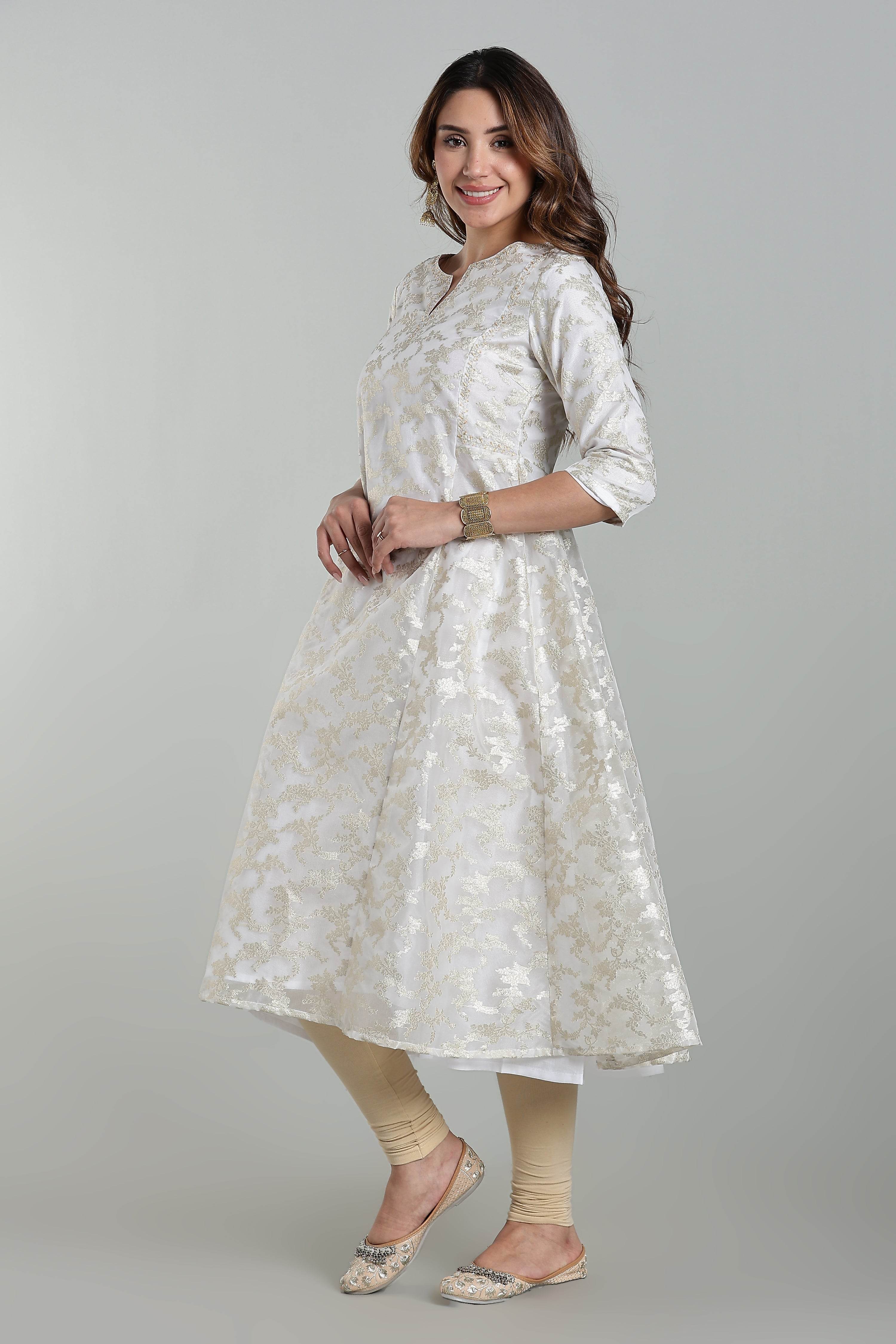 Mythri Anarkali Kurta for Women – Chanderi Cotton Blend with Embroidery & Flared Design - White Jacquard-3 - KU95 - Naidu Hall Family Store