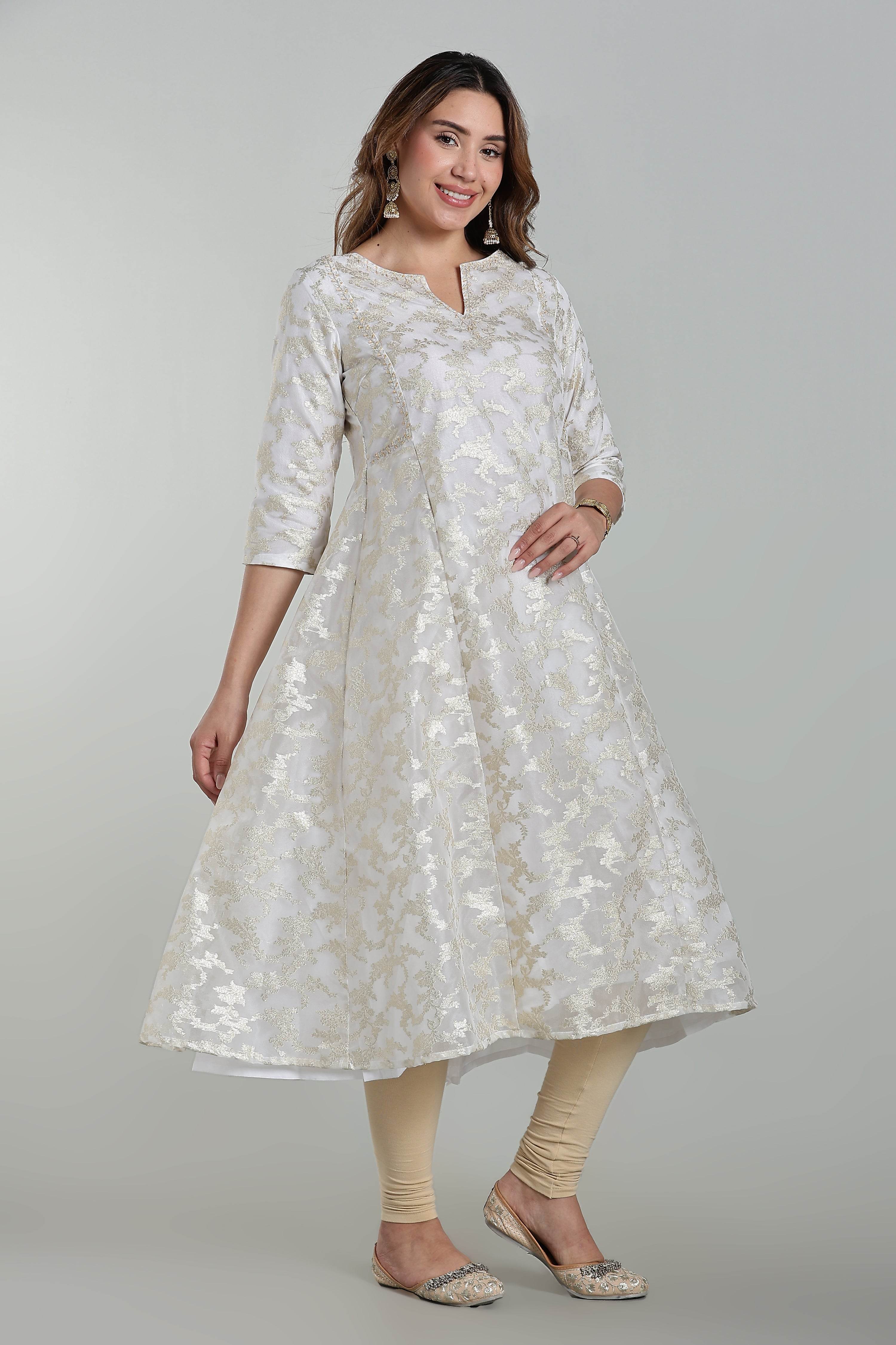Mythri Anarkali Kurta for Women – Chanderi Cotton Blend with Embroidery & Flared Design - White Jacquard-3 - KU95 - Naidu Hall Family Store