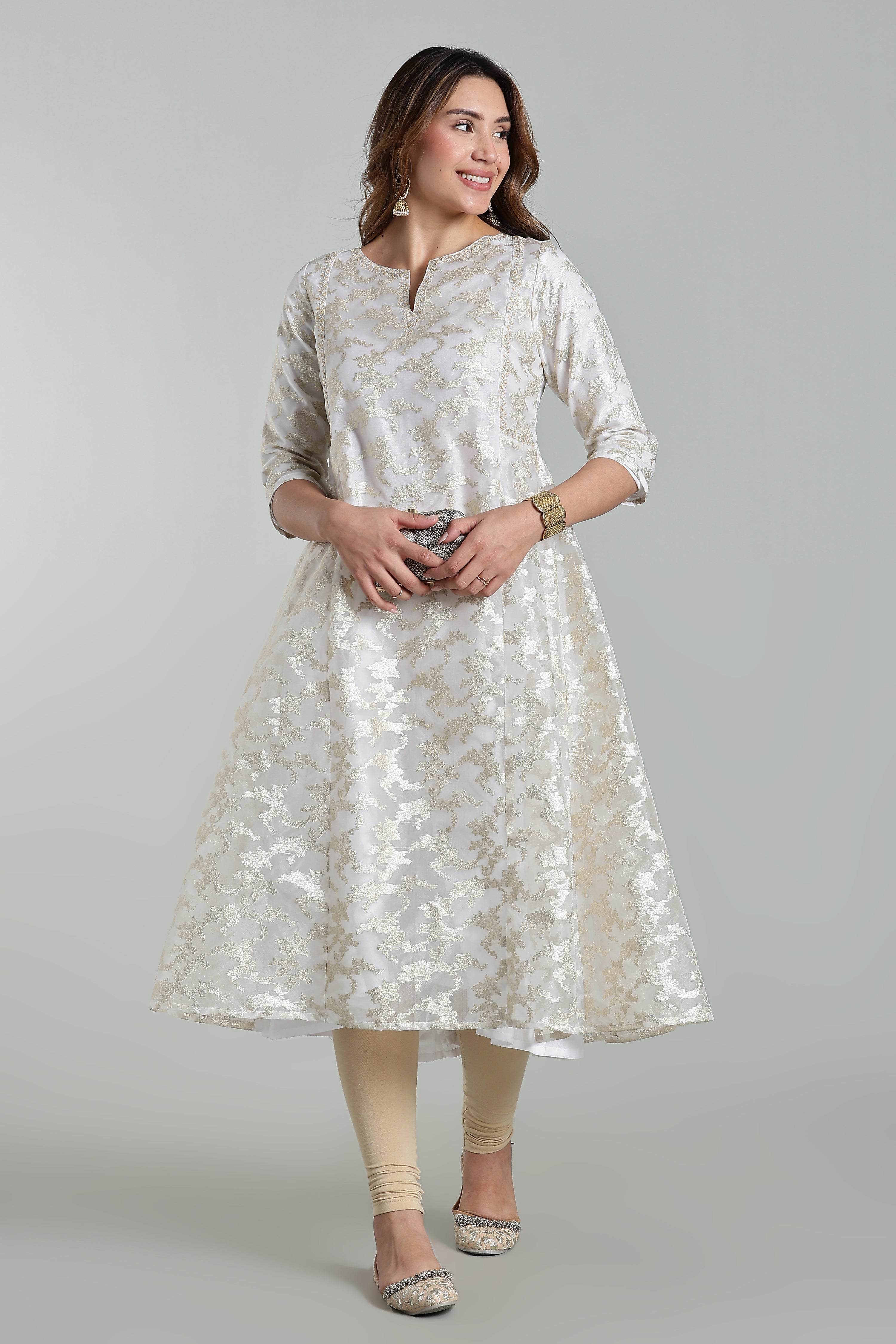 Mythri Anarkali Kurta for Women – Chanderi Cotton Blend with Embroidery & Flared Design - White Jacquard-3 - KU95 - Naidu Hall Family Store