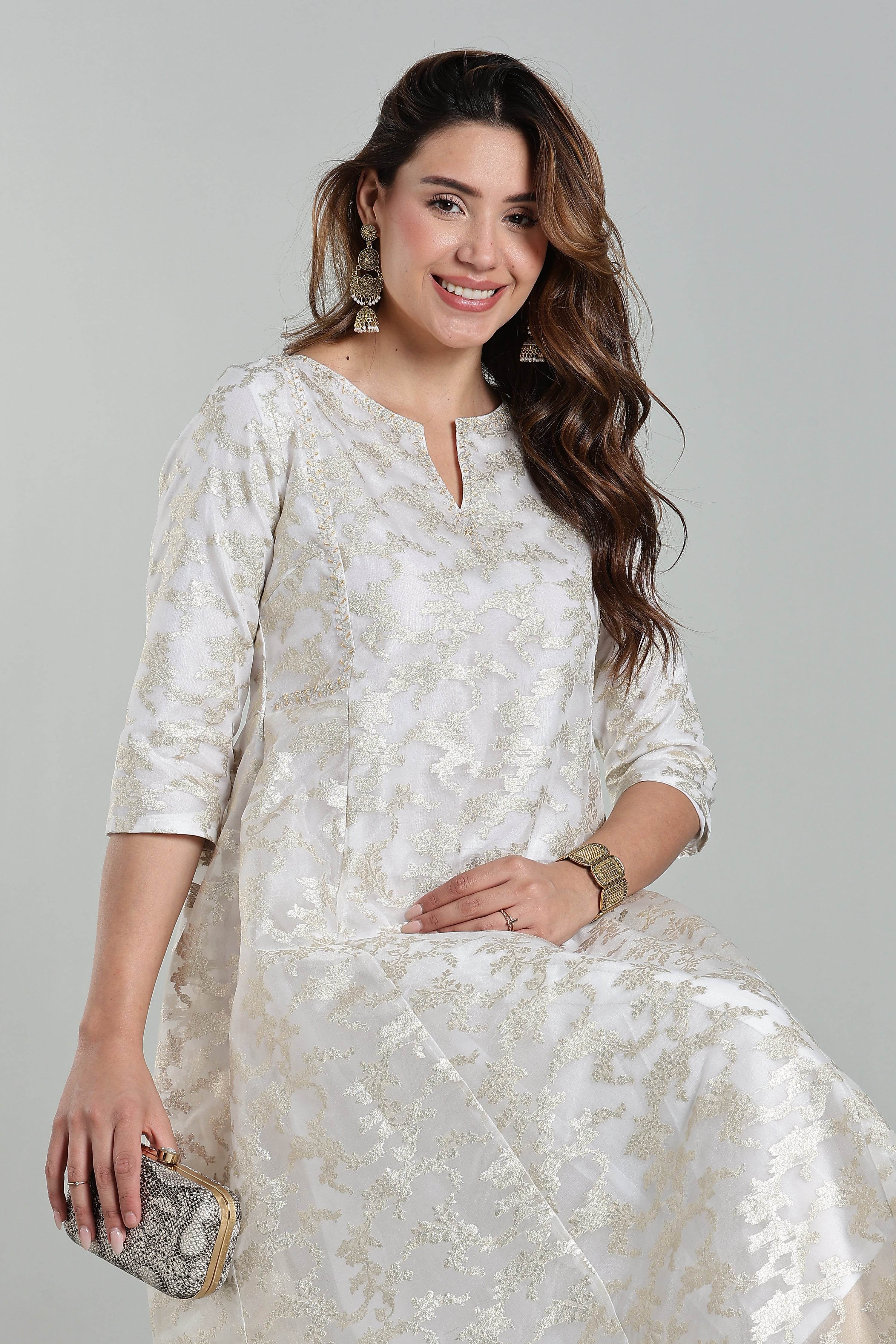 Mythri Anarkali Kurta for Women – Chanderi Cotton Blend with Embroidery & Flared Design - White Jacquard-3 - KU95 - Naidu Hall Family Store