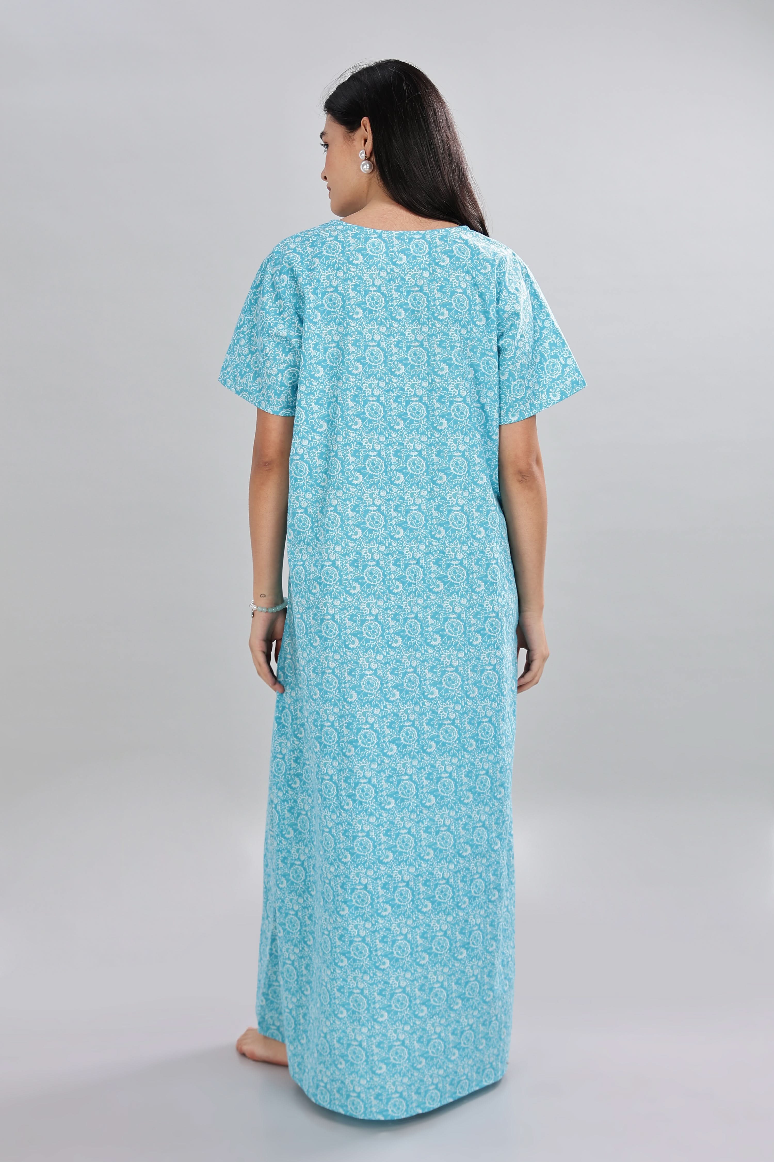 Naidu Hall Women's Cotton Nighty – Round Neck with V Tie-Up, Printed, Half Sleeves & Full Length - Blue - T411