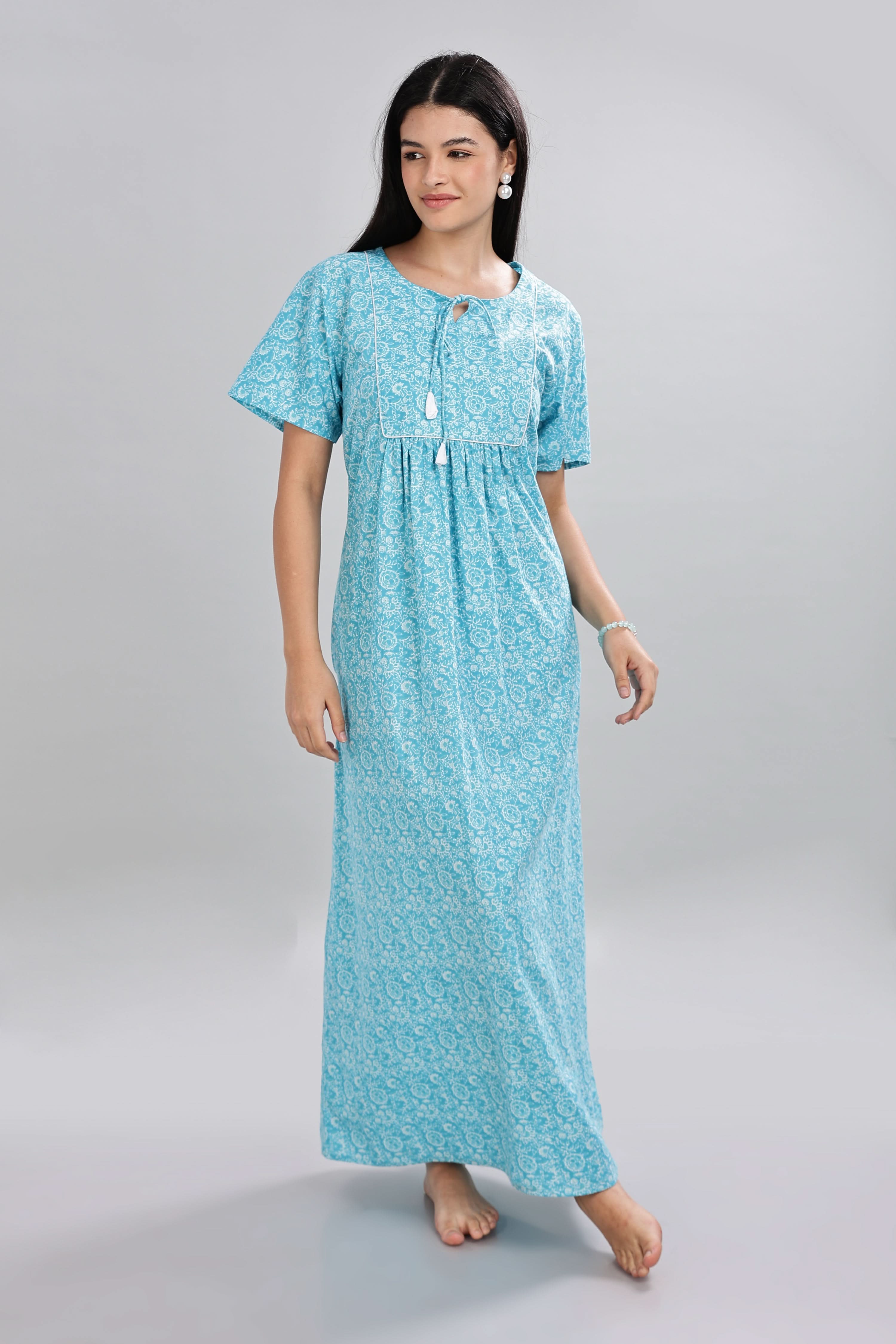 Naidu Hall Women's Cotton Nighty – Round Neck with V Tie-Up, Printed, Half Sleeves & Full Length - Blue - T411