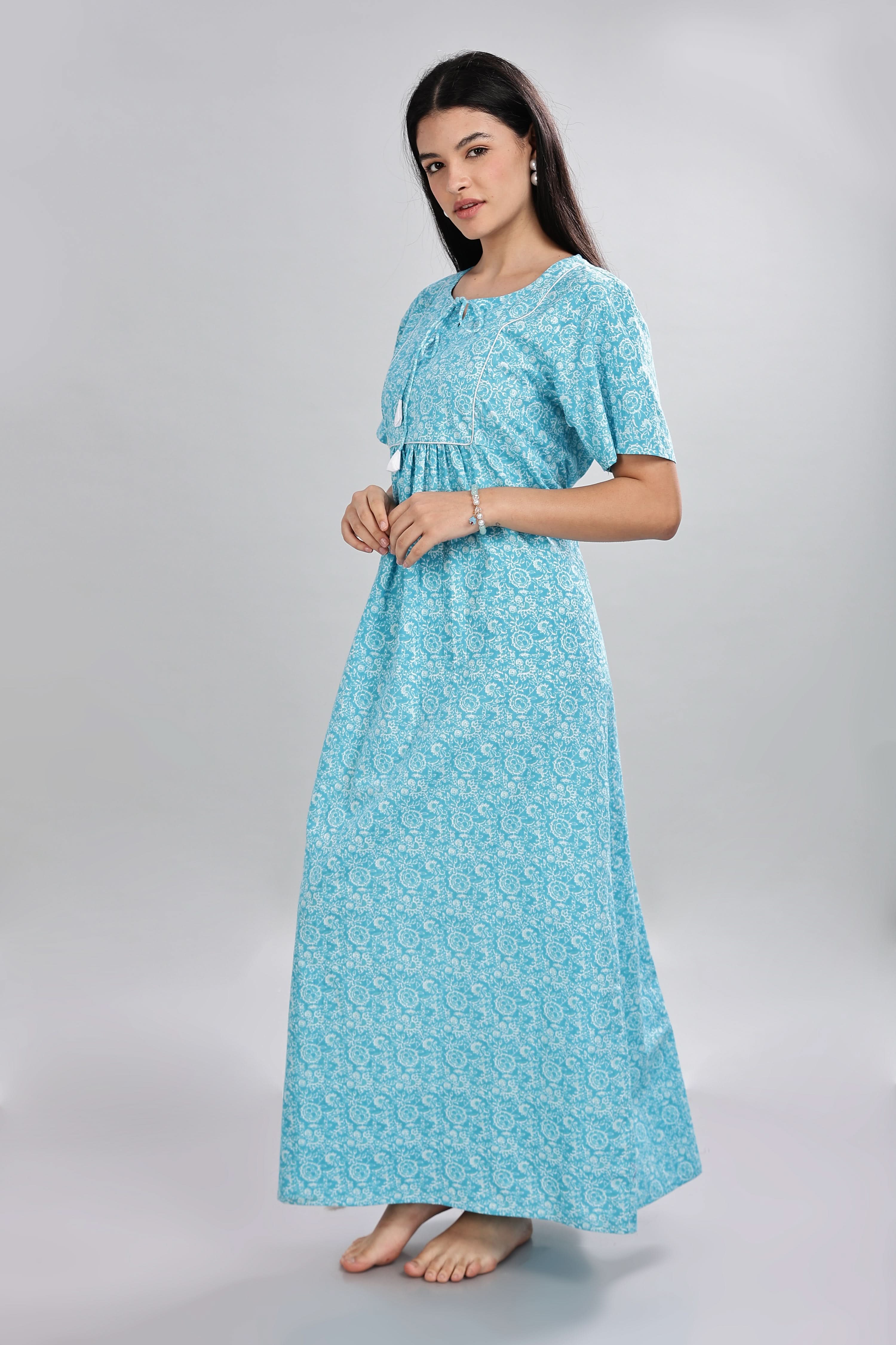 Naidu Hall Women's Cotton Nighty – Round Neck with V Tie-Up, Printed, Half Sleeves & Full Length - Blue - T411