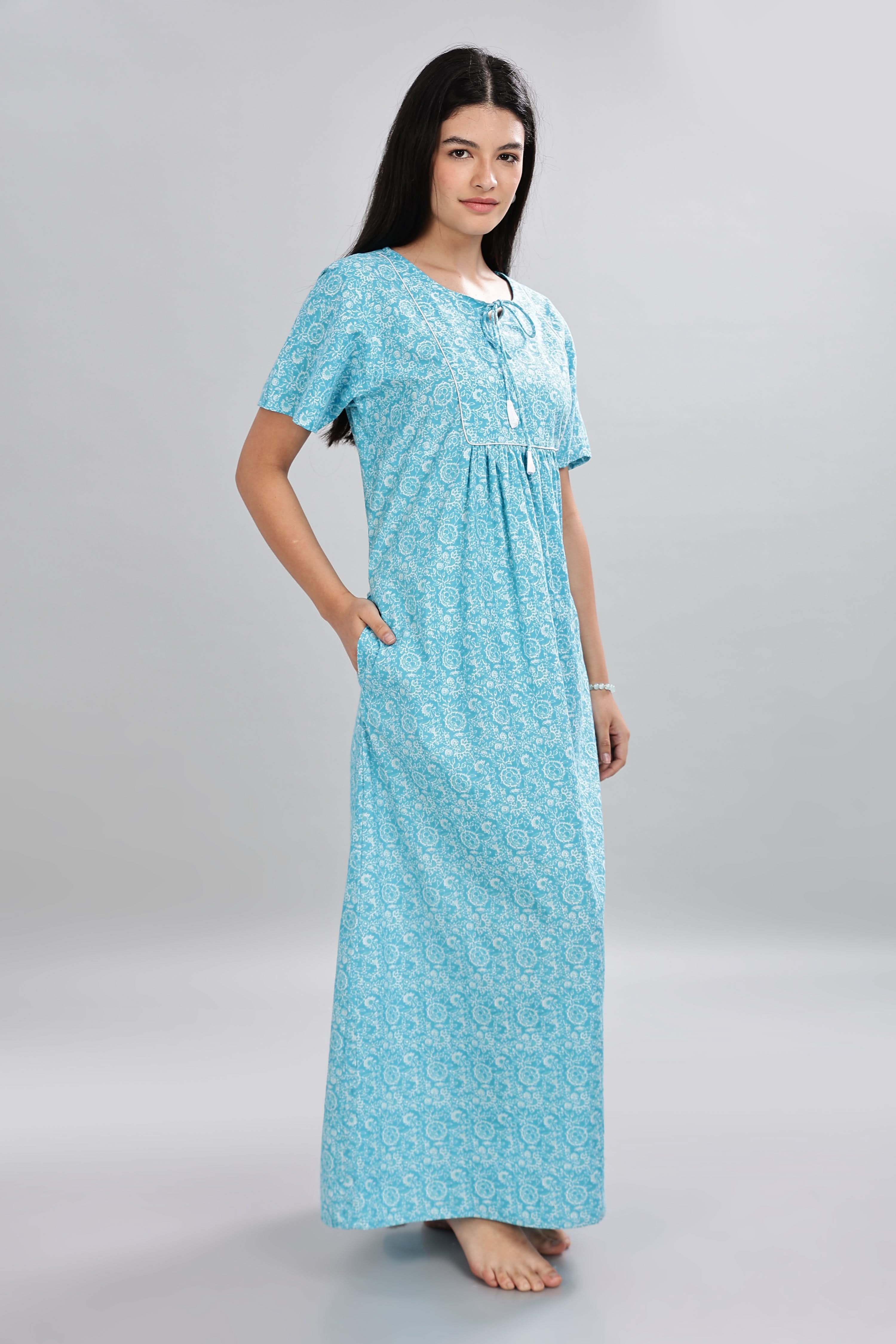 Naidu Hall Women's Cotton Nighty – Round Neck with V Tie-Up, Printed, Half Sleeves & Full Length - Blue - T411