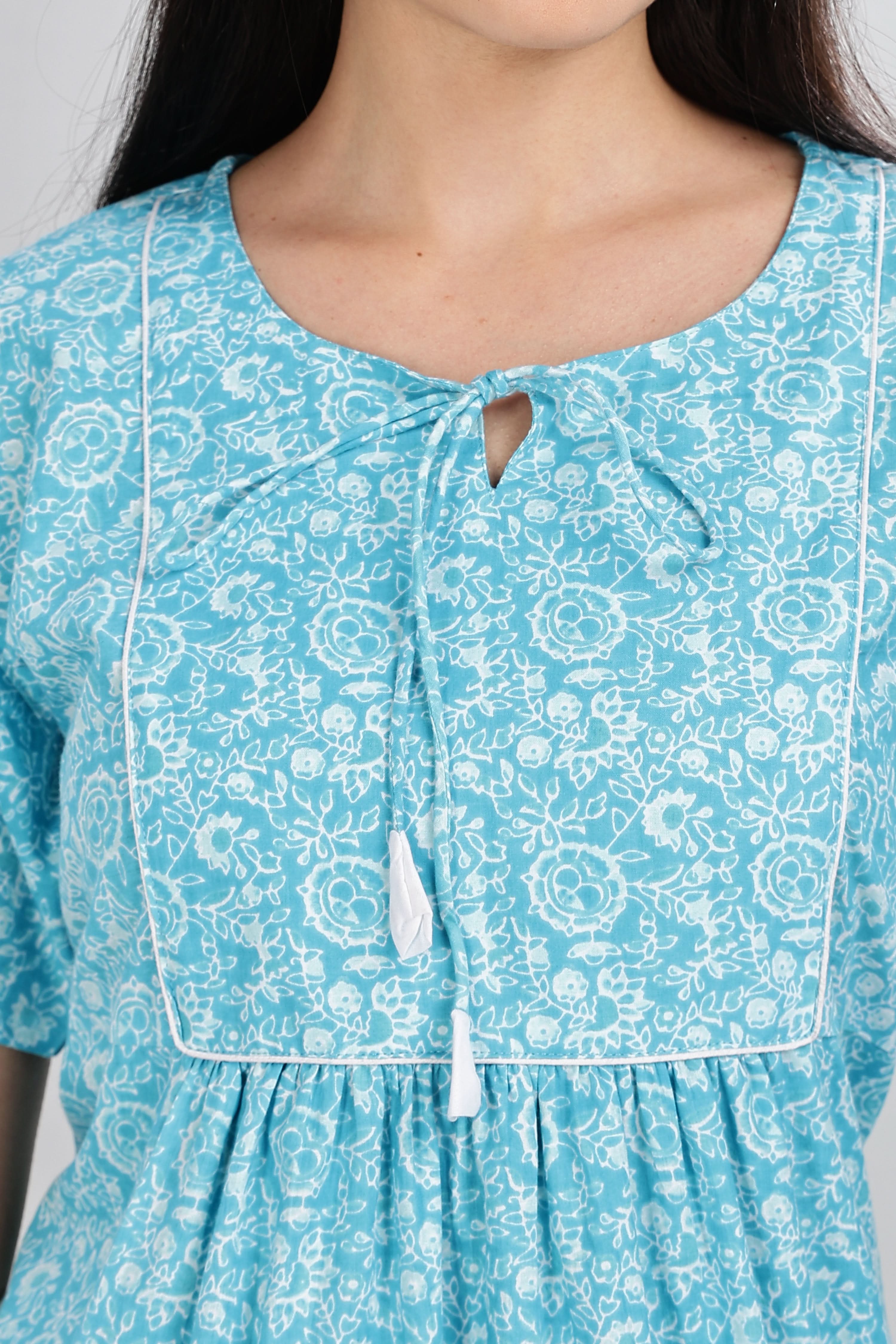 Naidu Hall Women's Cotton Nighty – Round Neck with V Tie-Up, Printed, Half Sleeves & Full Length - Blue - T411