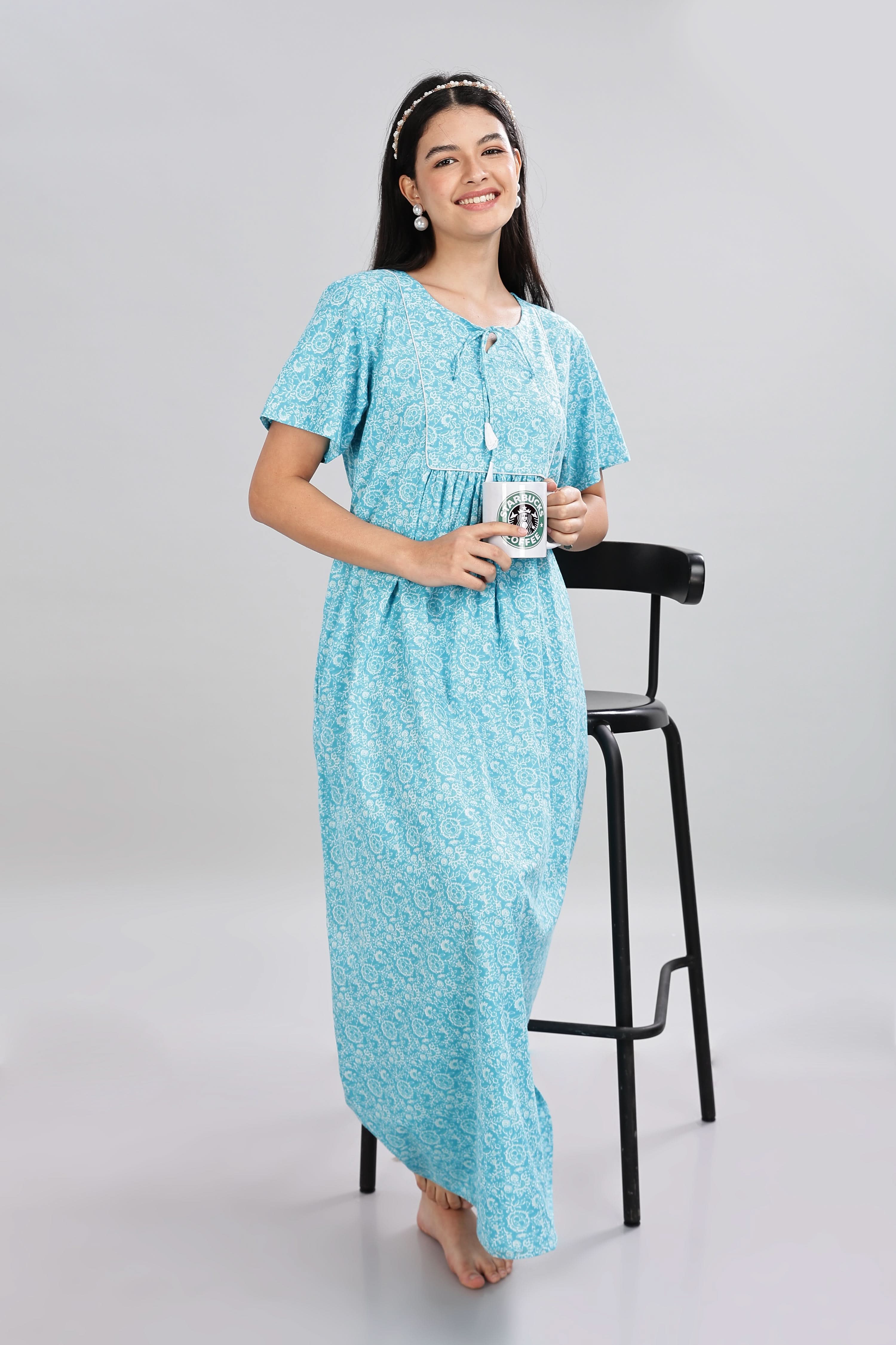 Naidu Hall Women's Cotton Nighty – Round Neck with V Tie-Up, Printed, Half Sleeves & Full Length - Blue - T411