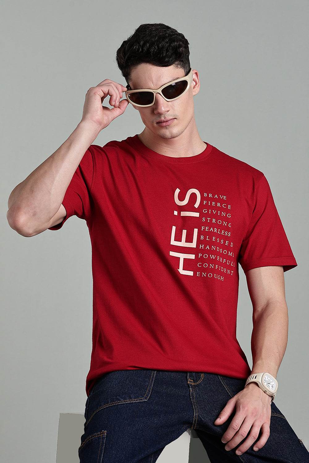 Enhance Men's Round Neck Typography Print Half Sleeve Cotton T-Shirt for Casual Wear - Maroon - T112 - Naidu Hall Family Store