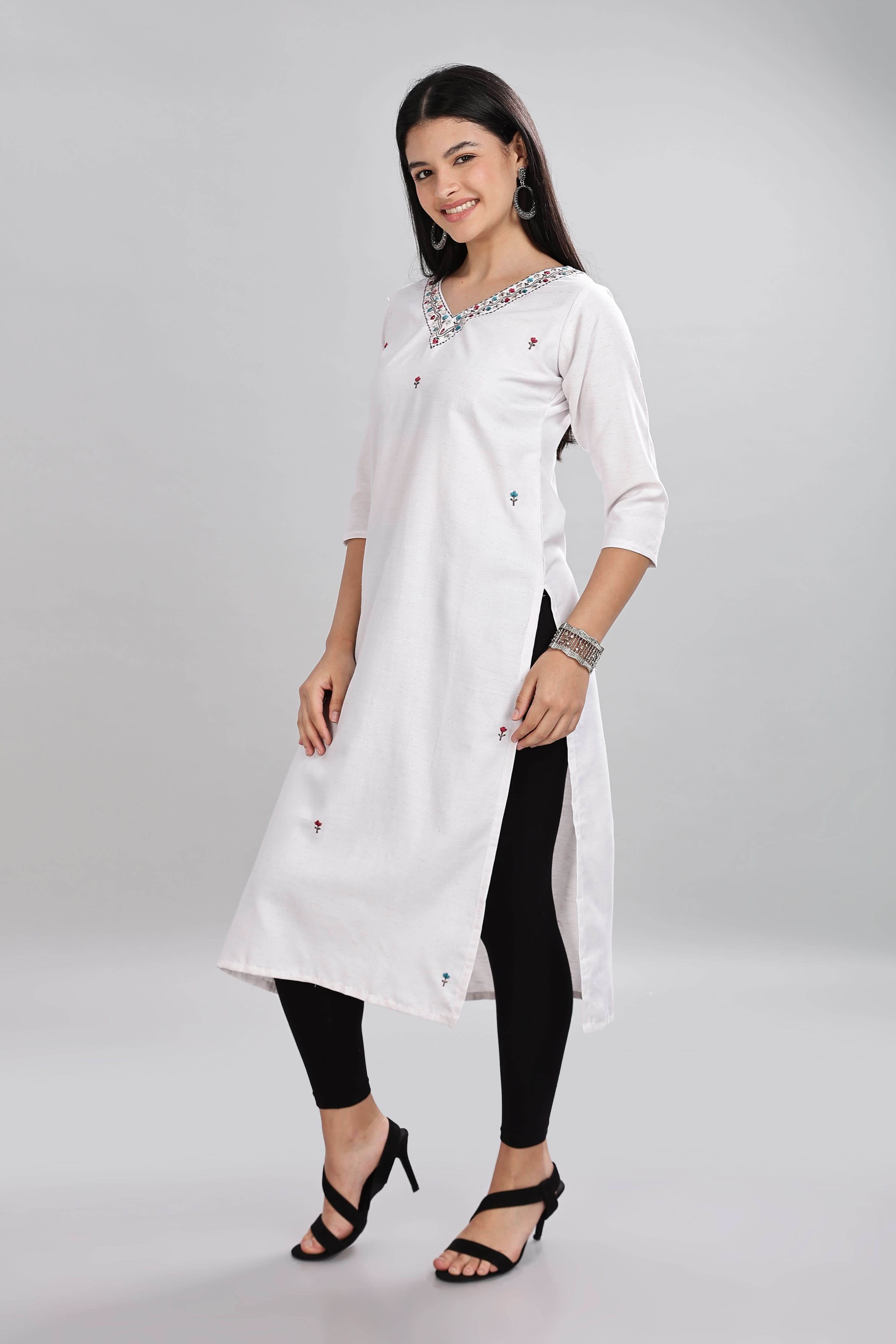 Mythri V-Neck Embroidered Kurta With 3/4th Sleeve - White - KU15 - Naidu Hall Family Store