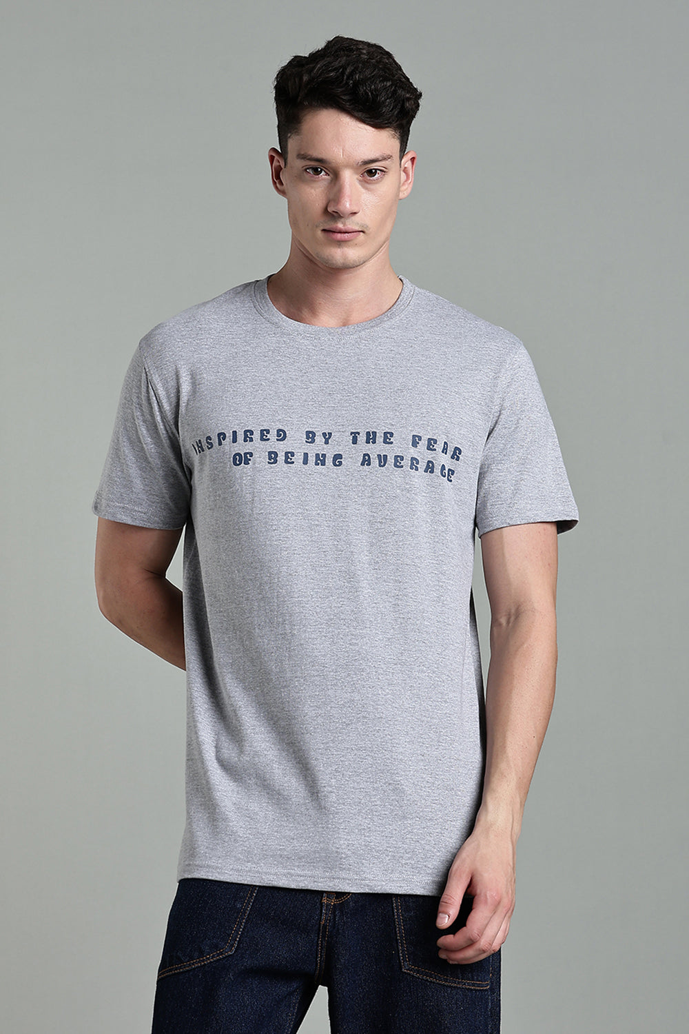 Enhance Men's Cotton Typography T-Shirt Inspired by the Fear Round Neck Half Sleeve Casual Wear - Grey - T113