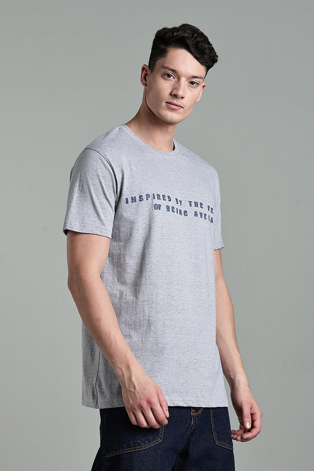 Enhance Men's Cotton Typography T-Shirt Inspired by the Fear Round Neck Half Sleeve Casual Wear - Grey - T113