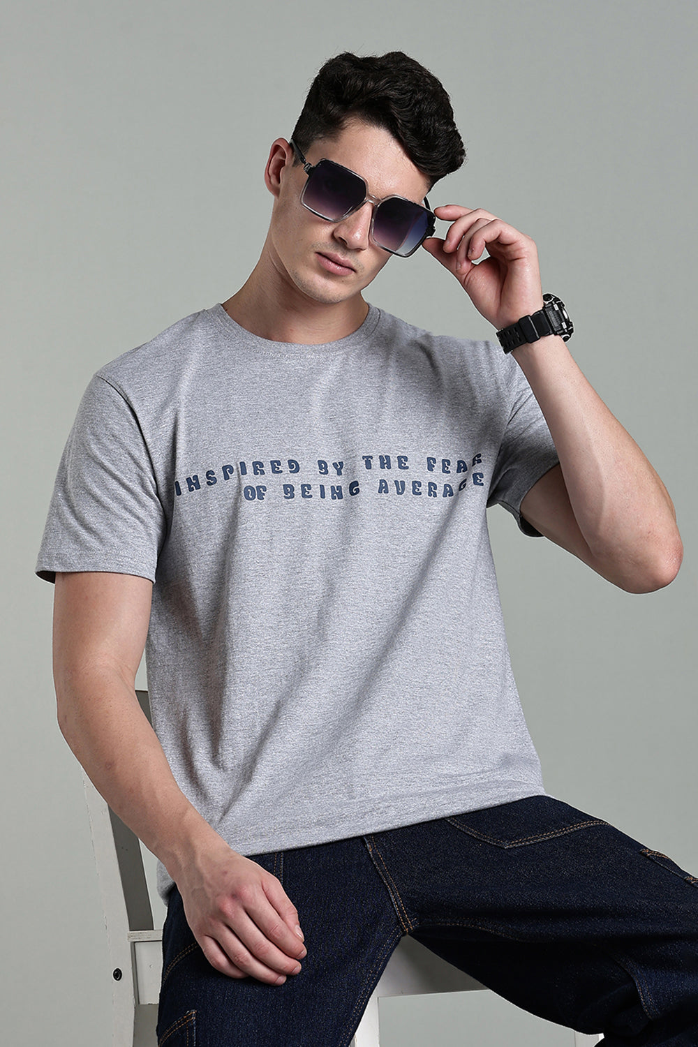 Enhance Men's Cotton Typography T-Shirt Inspired by the Fear Round Neck Half Sleeve Casual Wear - Grey - T113