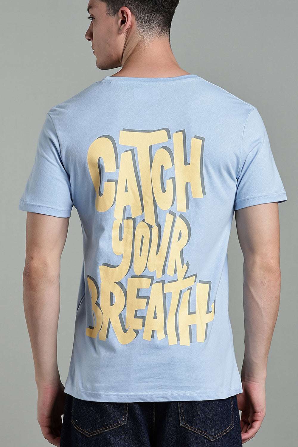 Enhance Men's Cotton T-Shirt with Front and Back Typography Print – Round Neck Half Sleeve Everyday Wear - Light Blue - T102