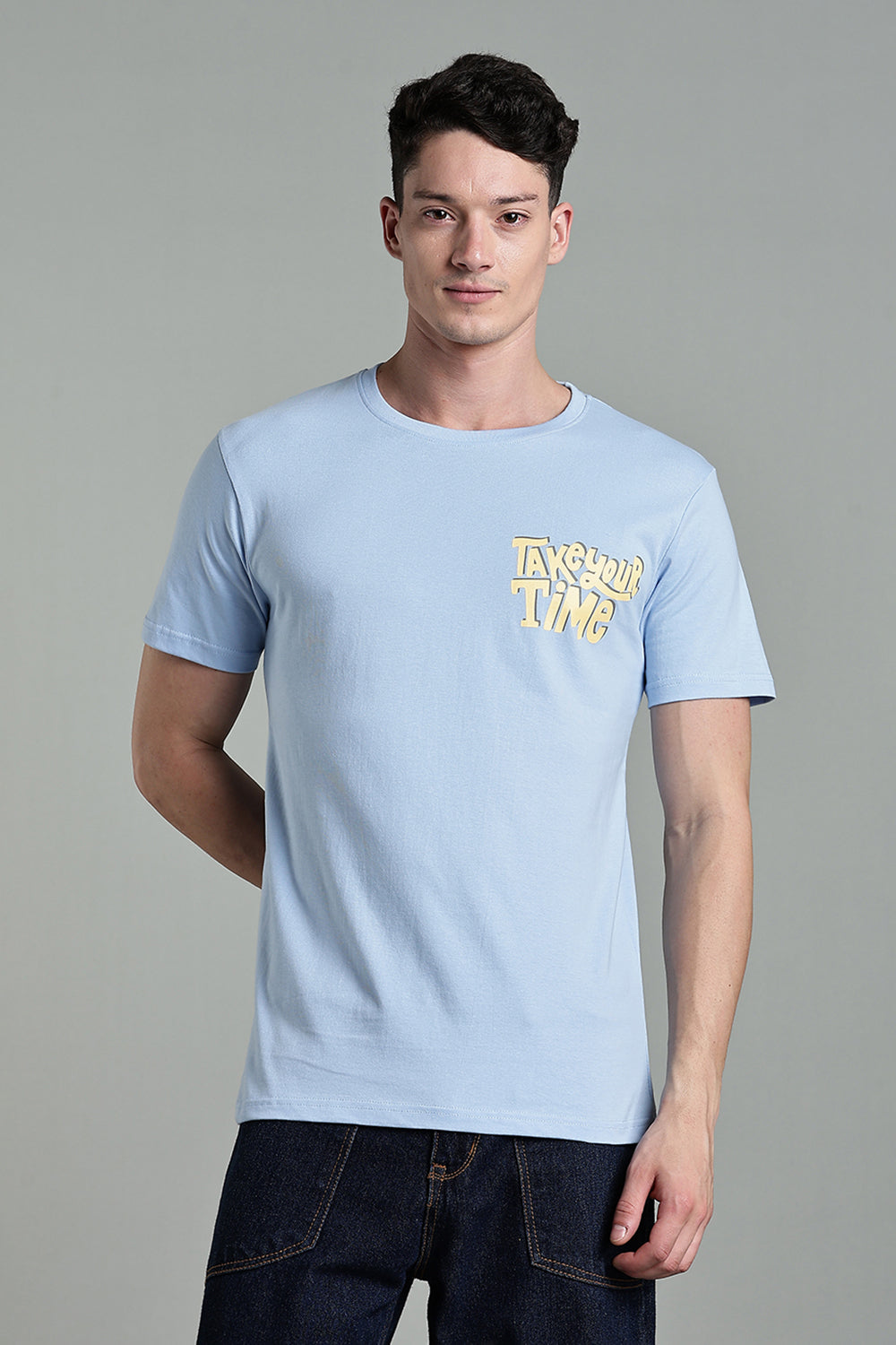 Enhance Men's Cotton T-Shirt with Front and Back Typography Print – Round Neck Half Sleeve Everyday Wear - Light Blue - T102