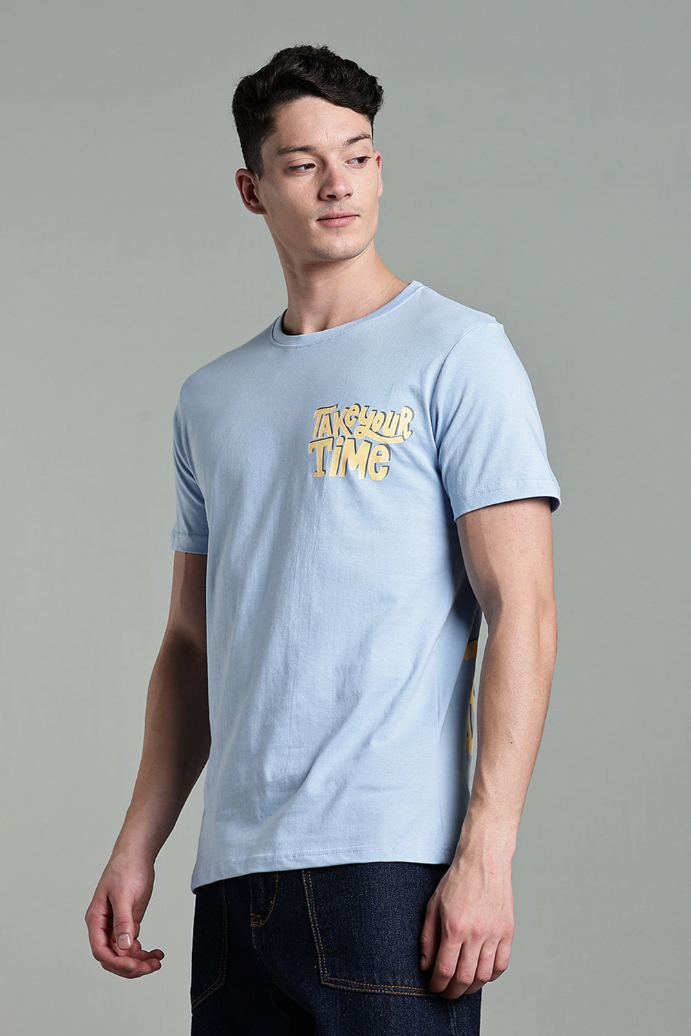 Enhance Men's Cotton T-Shirt with Front and Back Typography Print – Round Neck Half Sleeve Everyday Wear - Light Blue - T102