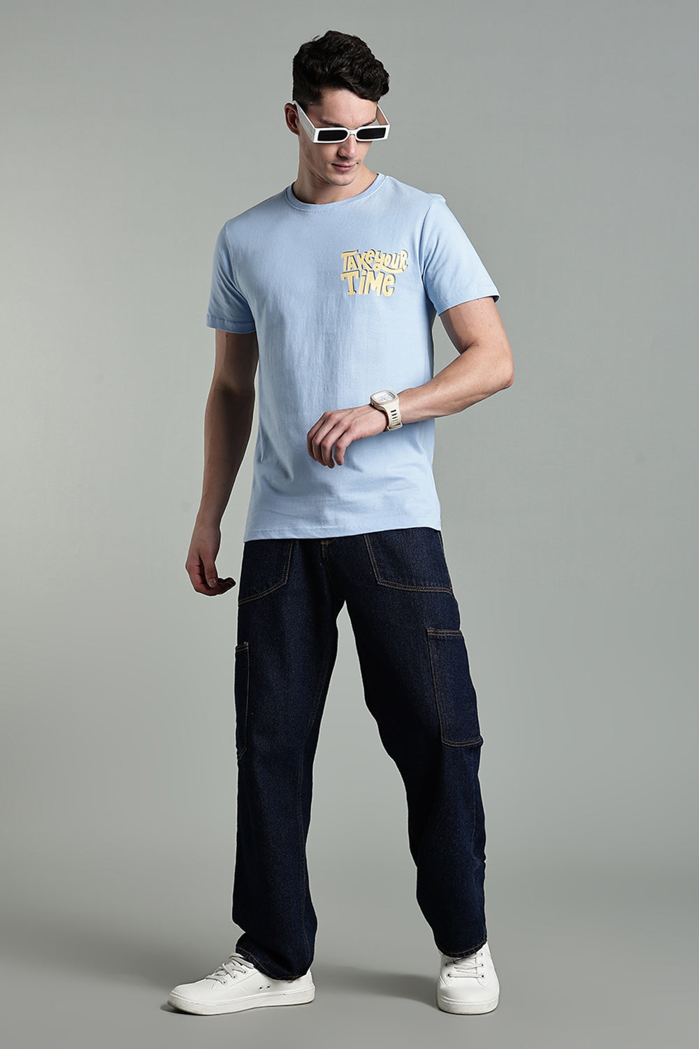 Enhance Men's Cotton T-Shirt with Front and Back Typography Print – Round Neck Half Sleeve Everyday Wear - Light Blue - T102