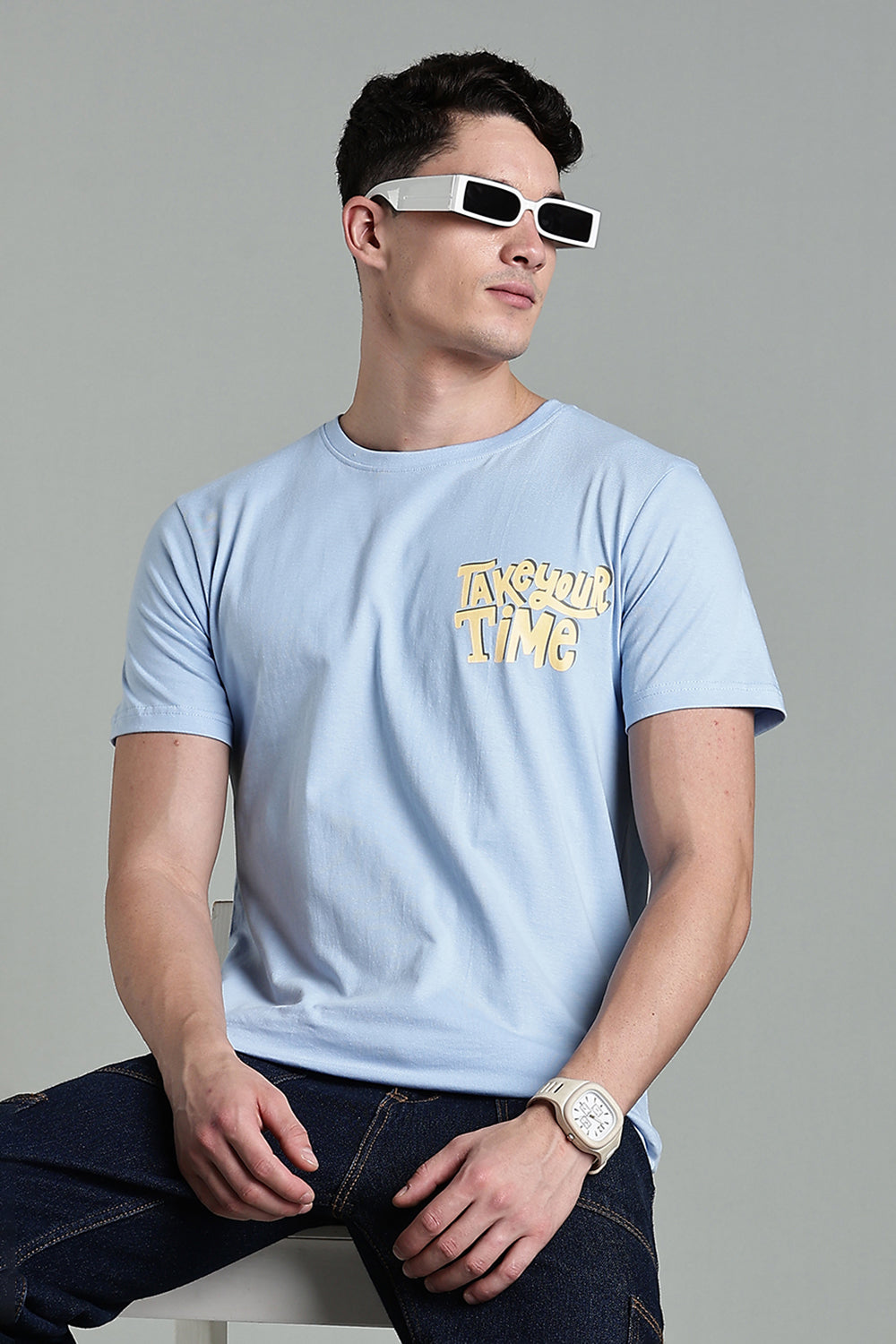 Enhance Men's Cotton T-Shirt with Front and Back Typography Print – Round Neck Half Sleeve Everyday Wear - Light Blue - T102