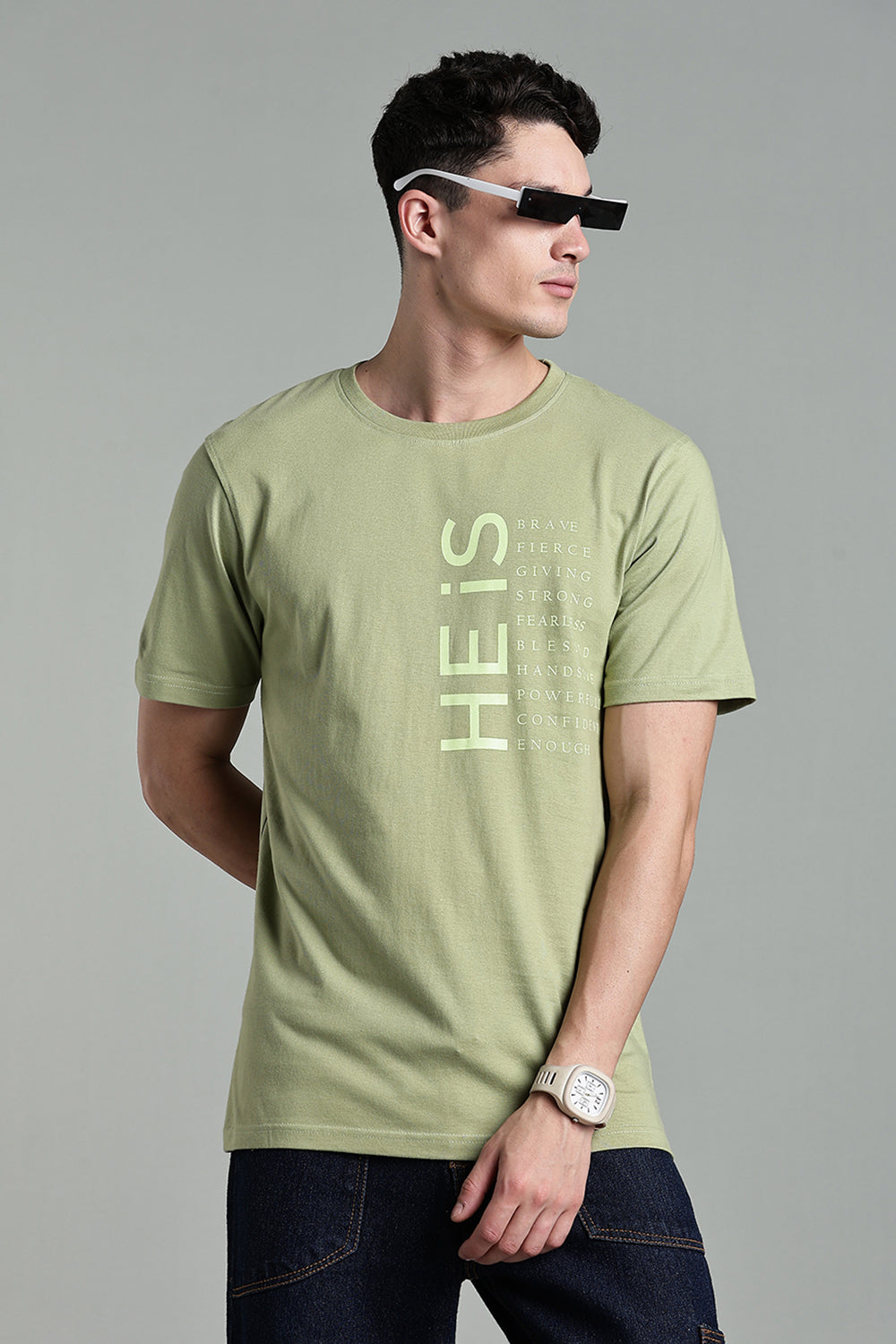 Enhance Men's Round Neck Typography Print Half Sleeve Cotton T-Shirt for Casual Wear - Olive - T111