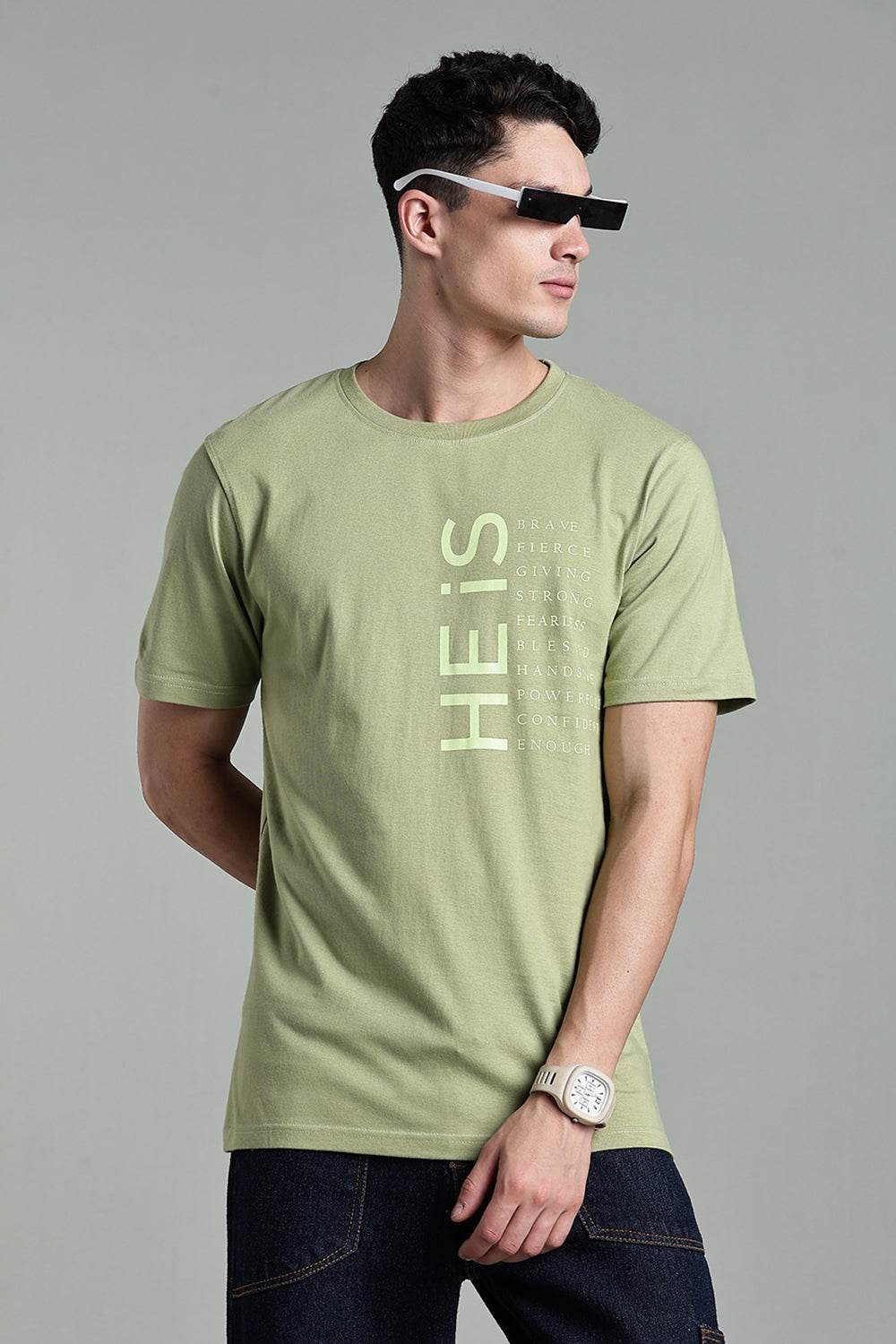Enhance Men's Round Neck Typography Print Half Sleeve Cotton T-Shirt for Casual Wear - Olive - T111 - Naidu Hall Family Store