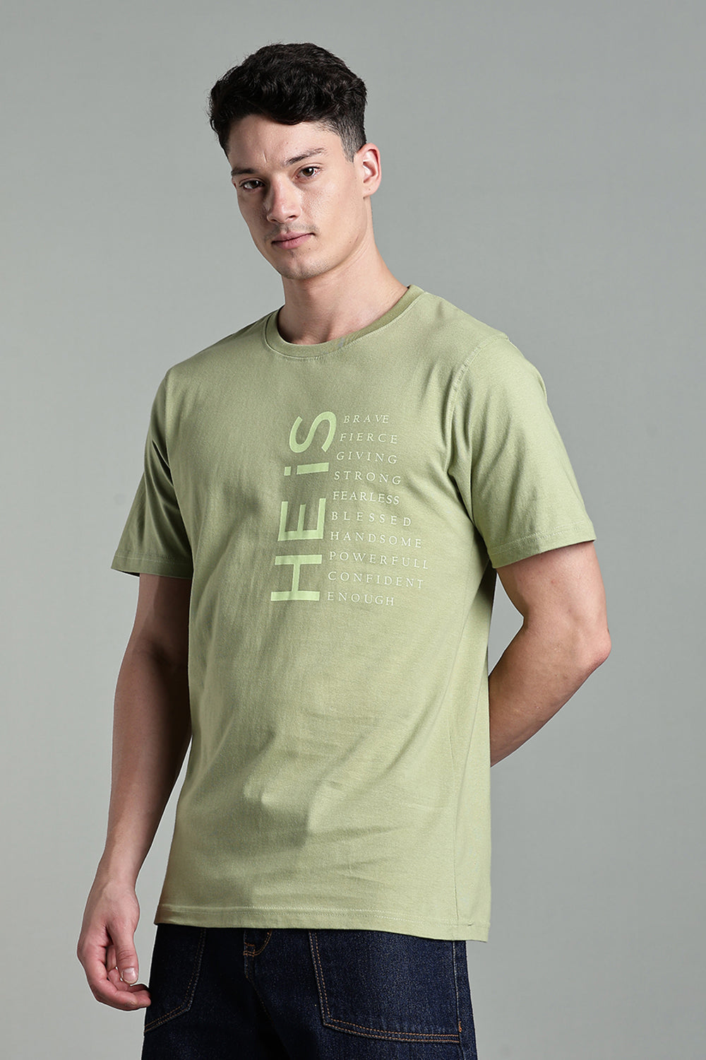 Enhance Men's Round Neck Typography Print Half Sleeve Cotton T-Shirt for Casual Wear - Olive - T111