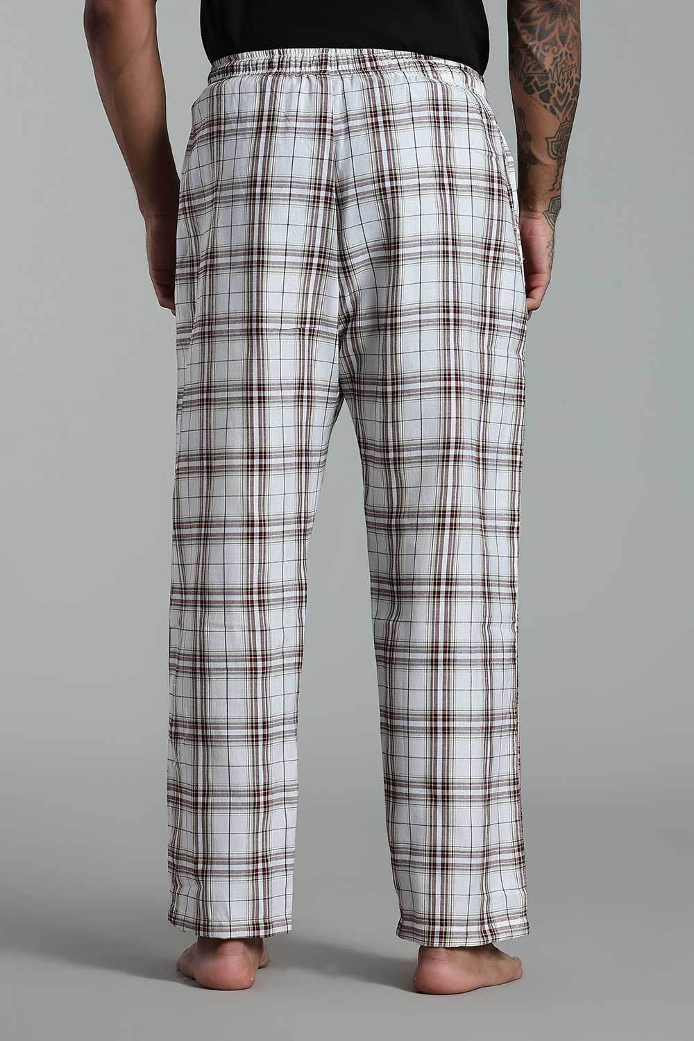 Enhance Men’s Cotton Blend Night Pants – Checked Pyjamas with Drawstring Waist & Side Pockets - Off White - NP01 - Naidu Hall Family Store