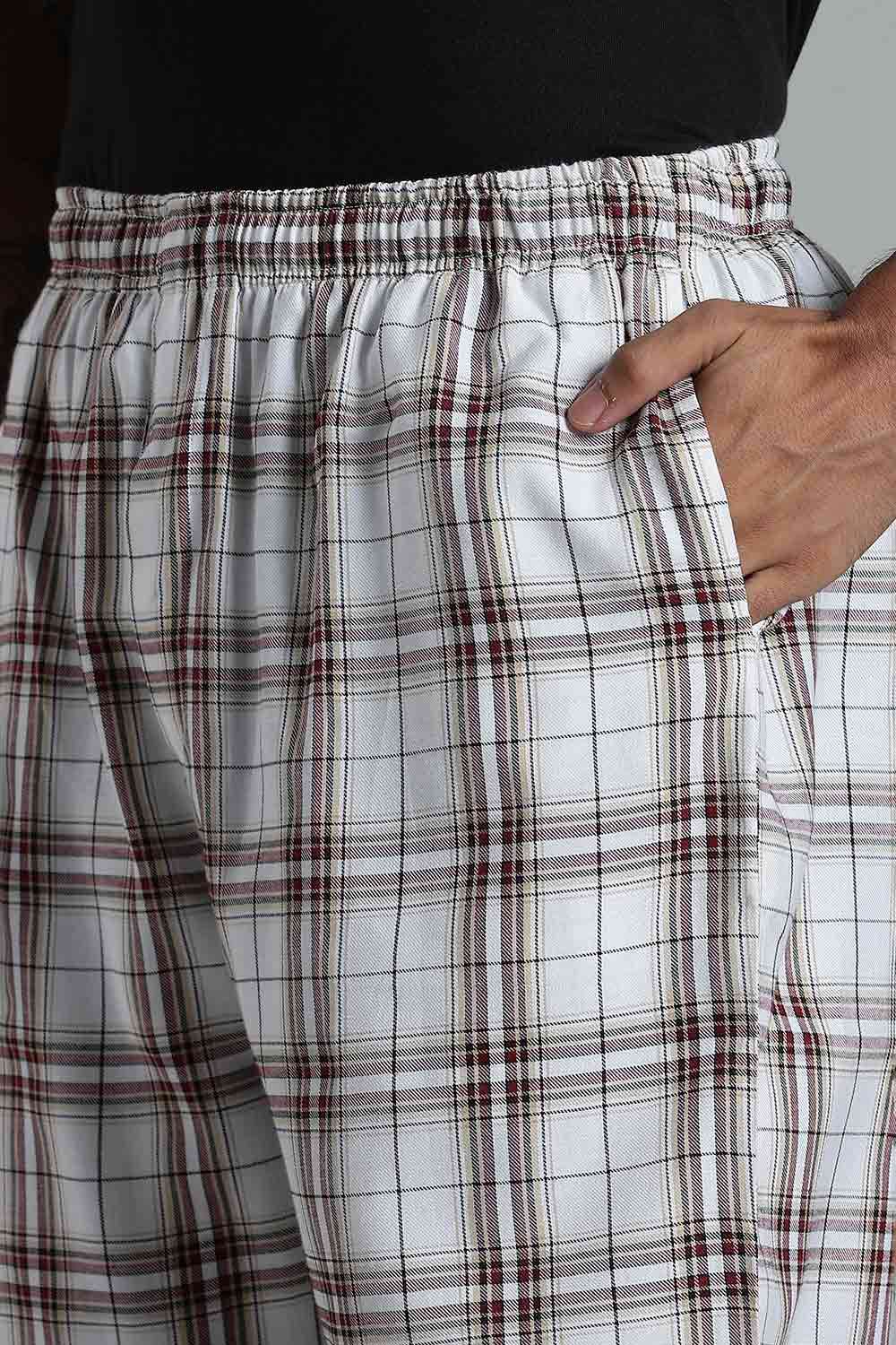 Enhance Men’s Cotton Blend Night Pants – Checked Pyjamas with Drawstring Waist & Side Pockets - Off White - NP01 - Naidu Hall Family Store