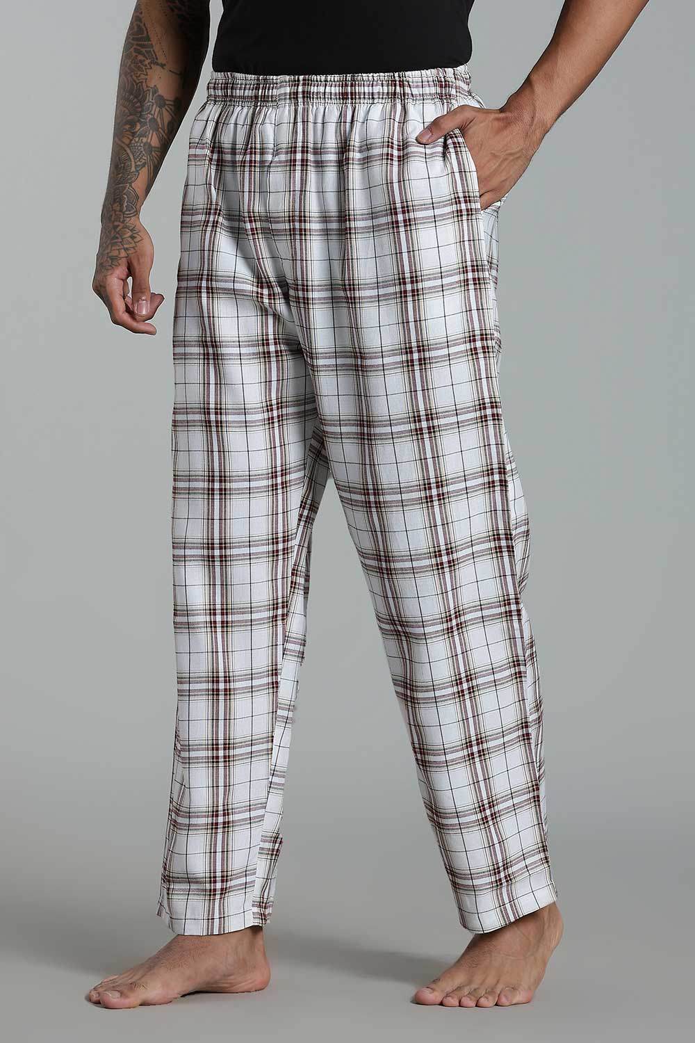 Enhance Men’s Cotton Blend Night Pants – Checked Pyjamas with Drawstring Waist & Side Pockets - Off White - NP01 - Naidu Hall Family Store
